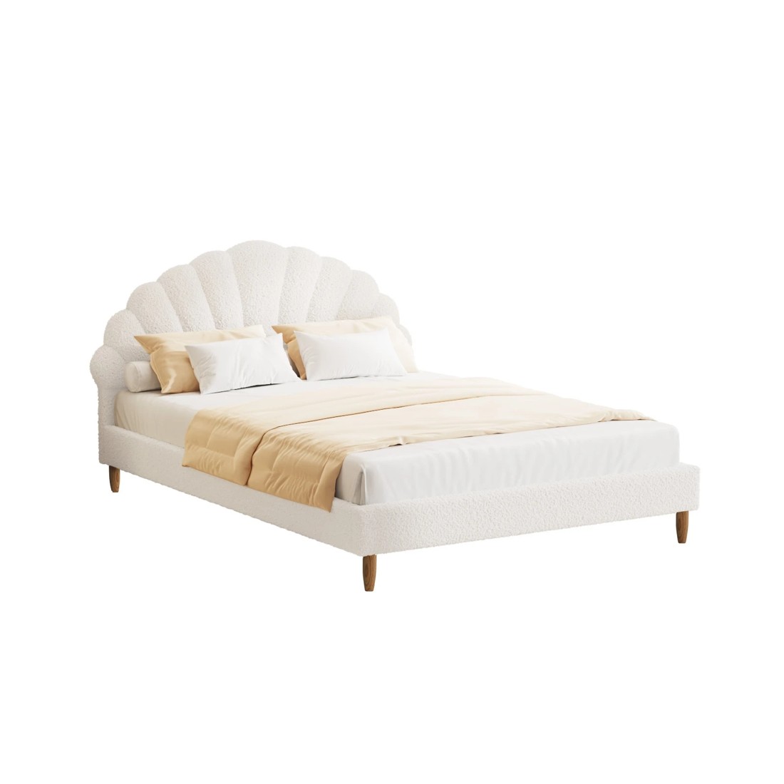 1 Oikiture Double Bed Frame Scallop-shape Bedhead Boucle- White, 1 of 10