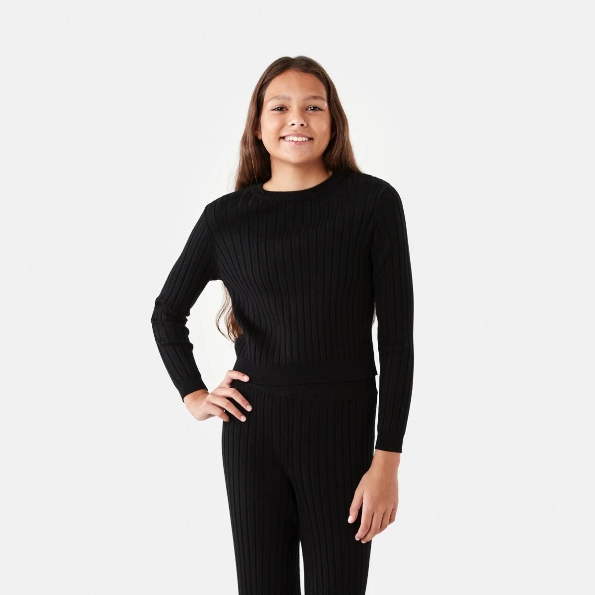 1 Long Sleeve Rib Knit Top Black, 1 of 8