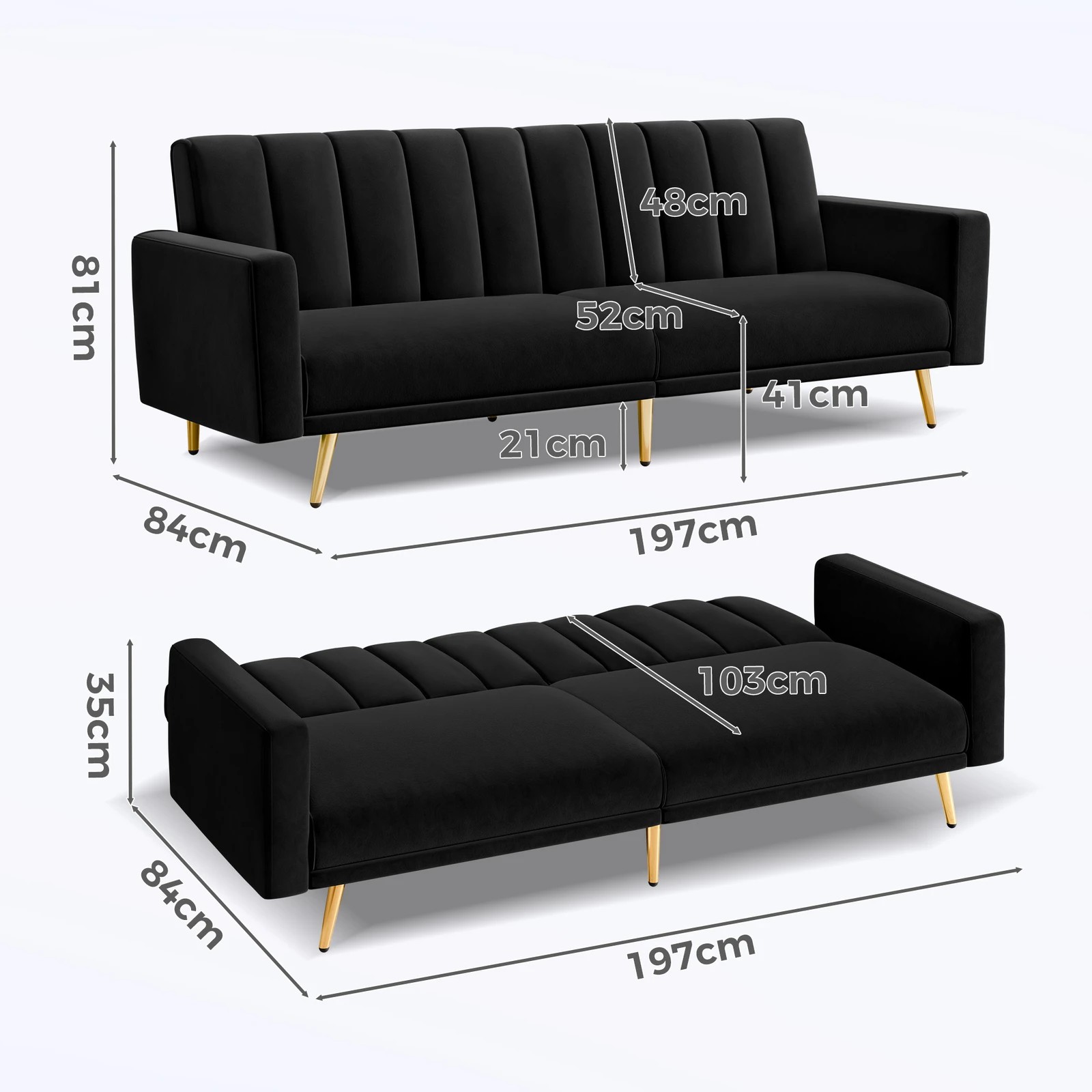 2 Alfordson Sofa Bed Couch 3 Seater Lounge Velvet - Black, 2 of 9