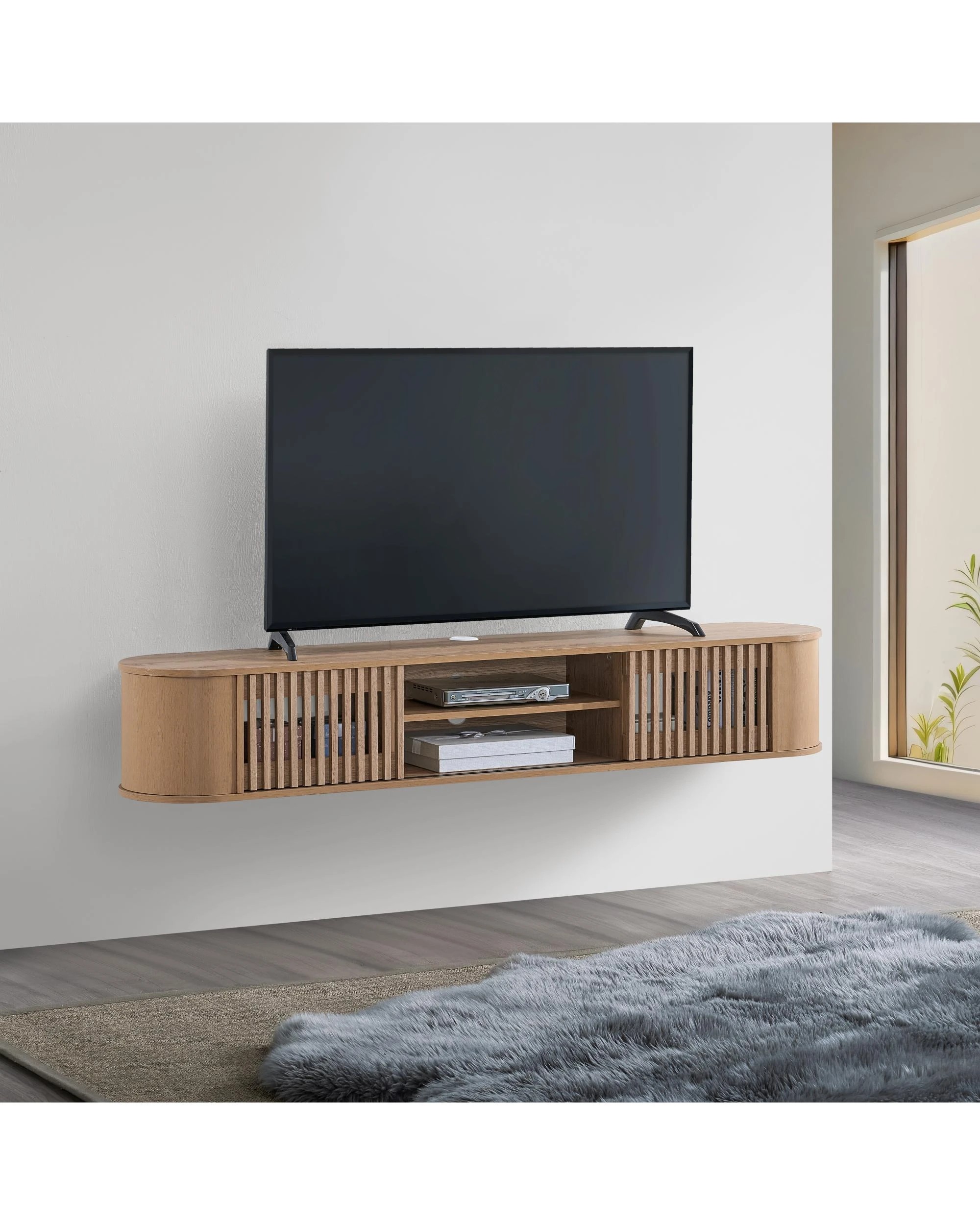 3 Kodu Wall Mount Entertainment TV Unit Floating 2 Doors 180cm Oak - Natural, 3 of 8