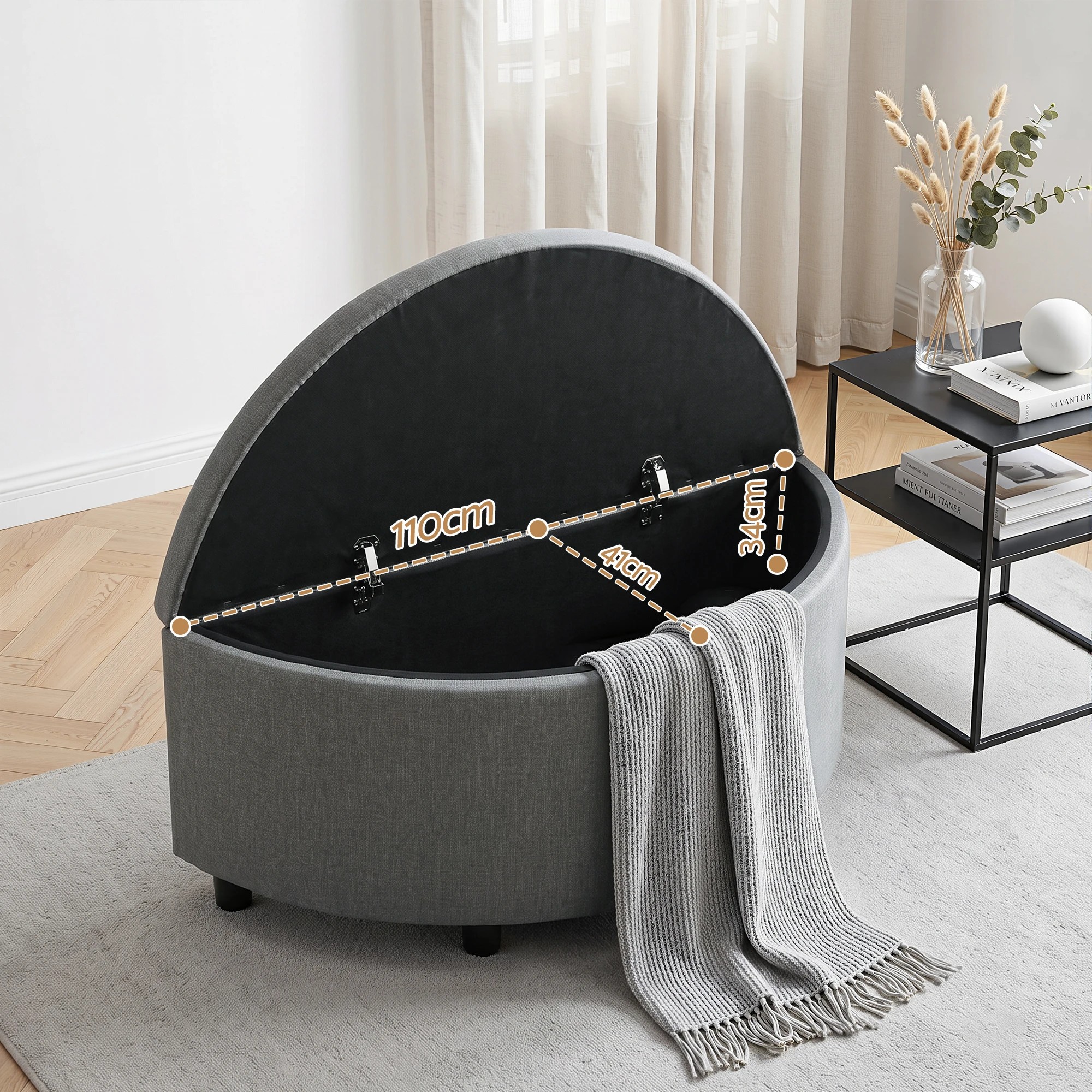 3 Artiss Storage Ottoman Bench Fabric Tufted Half Round Footstool - Grey, 3 of 6