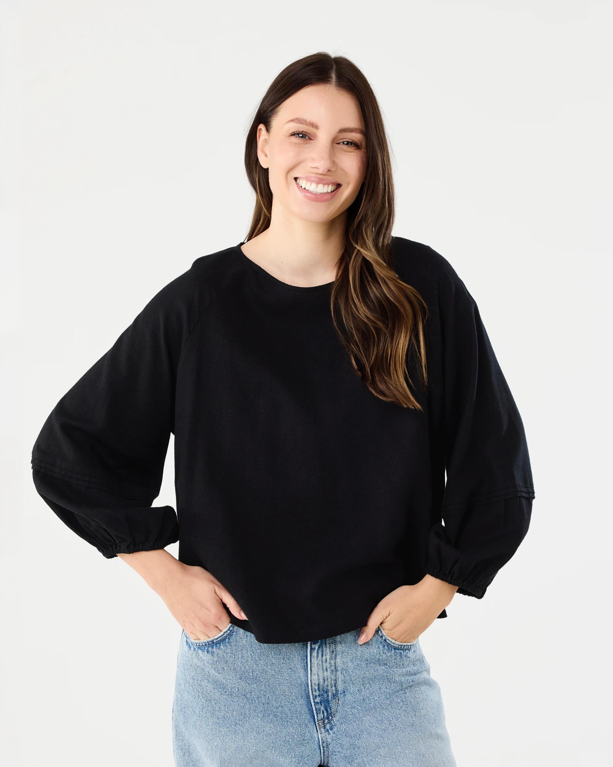 1 Long Sleeve Linen Blend Top Black, 1 of 7