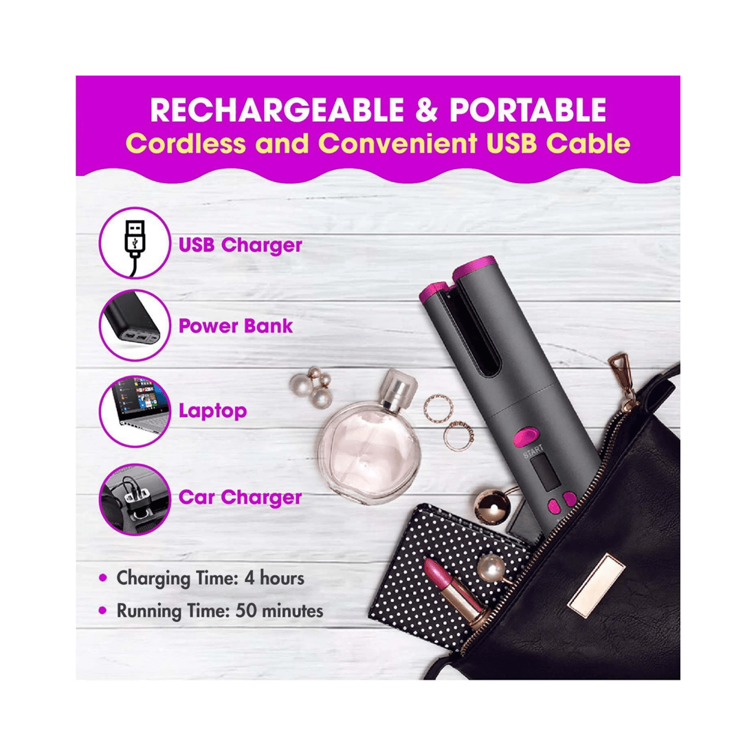 3 Lenoxx Cordless Ceramic Automatic Hair Curler for Portable Hair Styling, 3 of 5