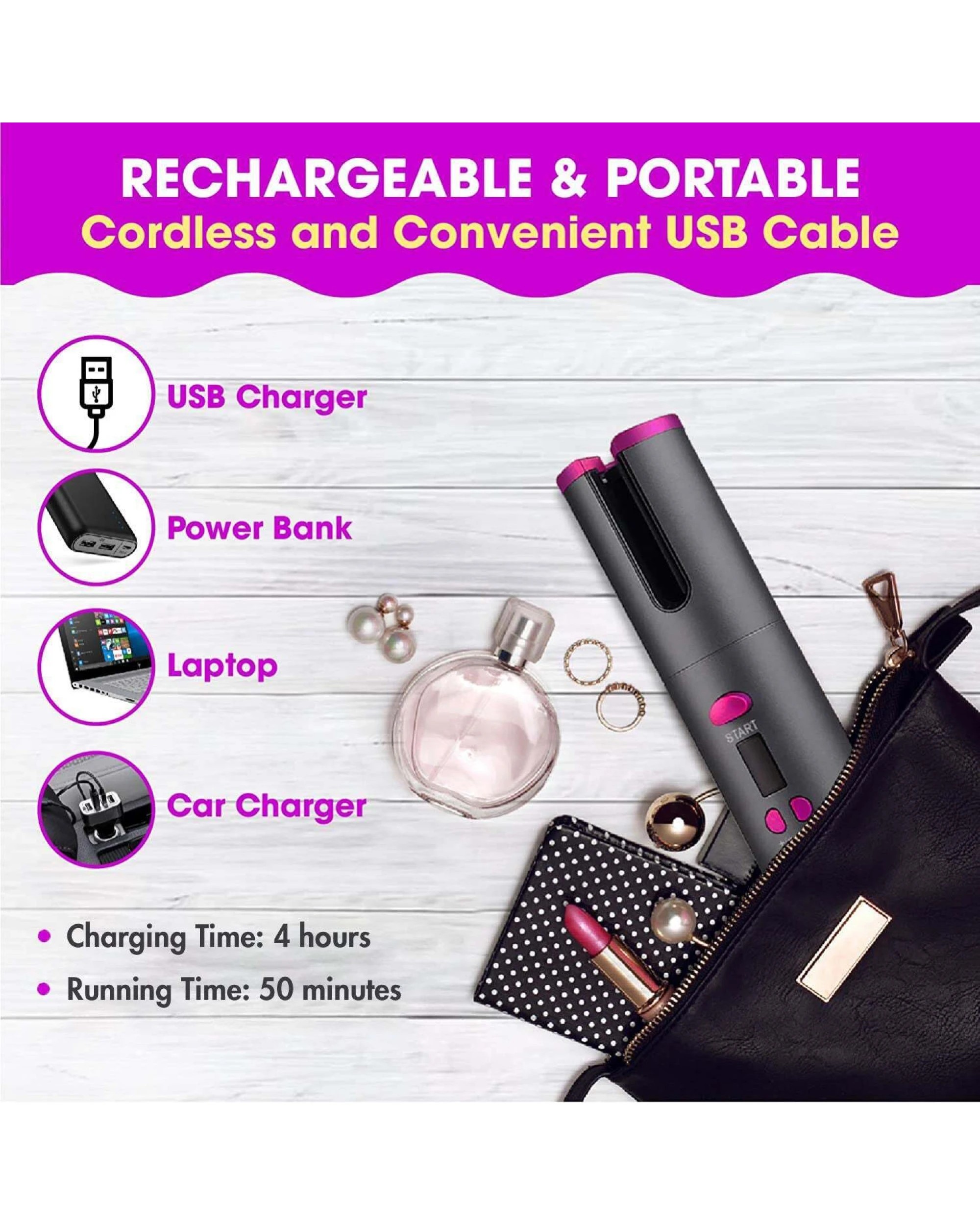 3 Lenoxx Cordless Ceramic Automatic Hair Curler for Portable Hair Styling, 3 of 5