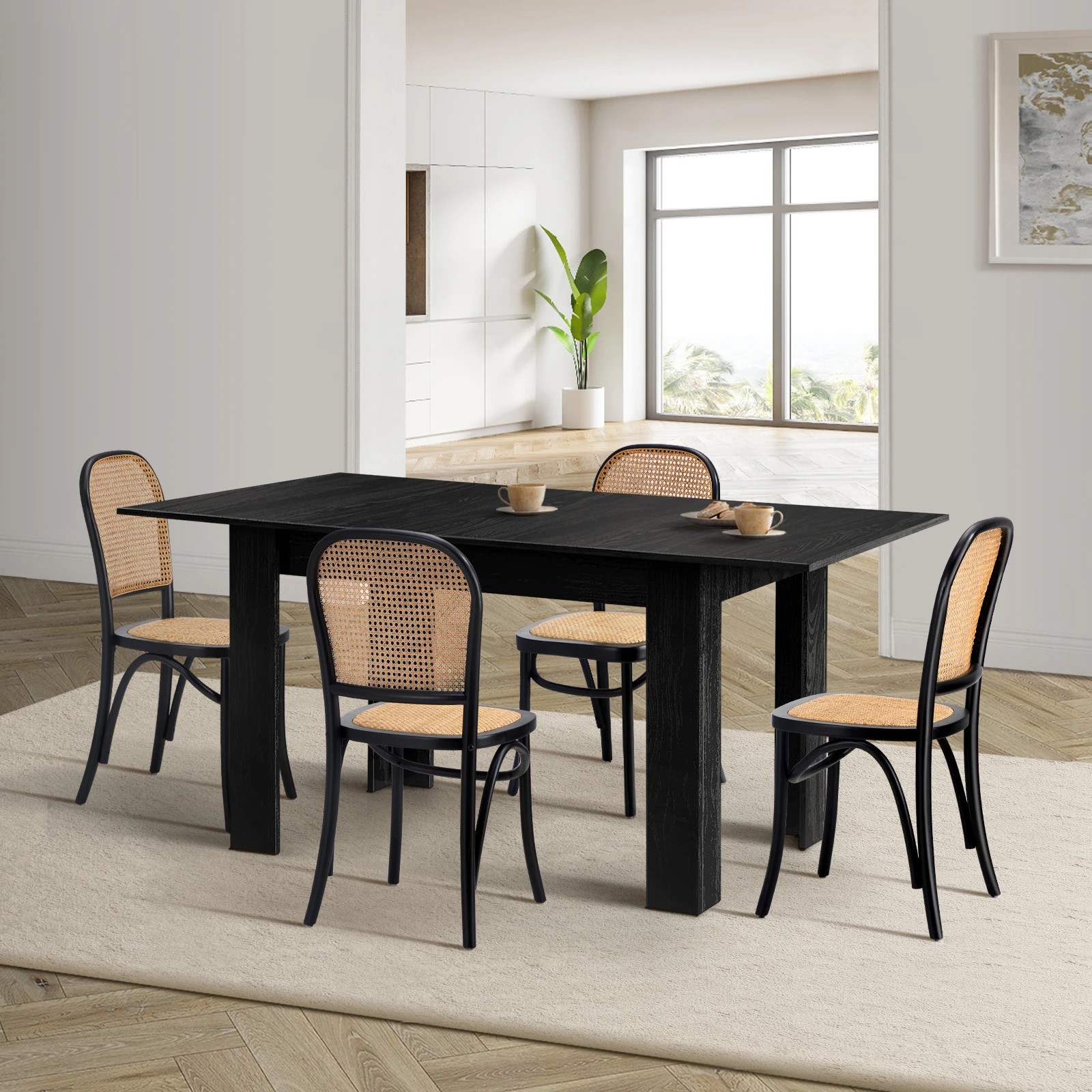 3 Oikiture 160cm Extendable Dining Table with 4PCS Dining Chairs Rattan - Black, 3 of 9