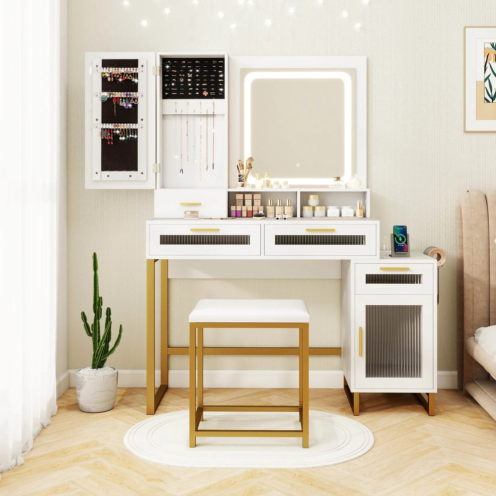 4 Costway 3-Color LED Vanity Dressing Table Stool w/Charging Station & Jewelry Cabinet, 4 of 4
