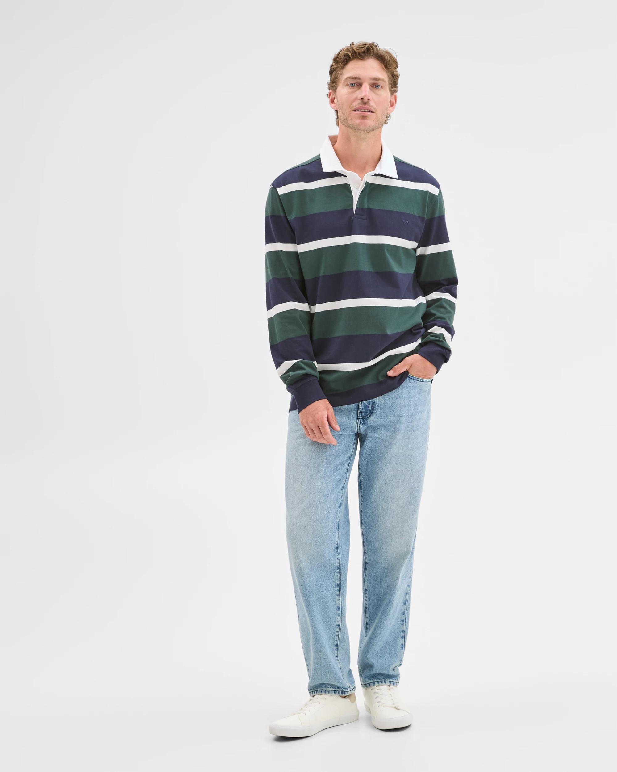 2 Target Man Australian Cotton Long Sleeve Rugby Polo Top NAVY GREEN STRIPE, 2 of 8