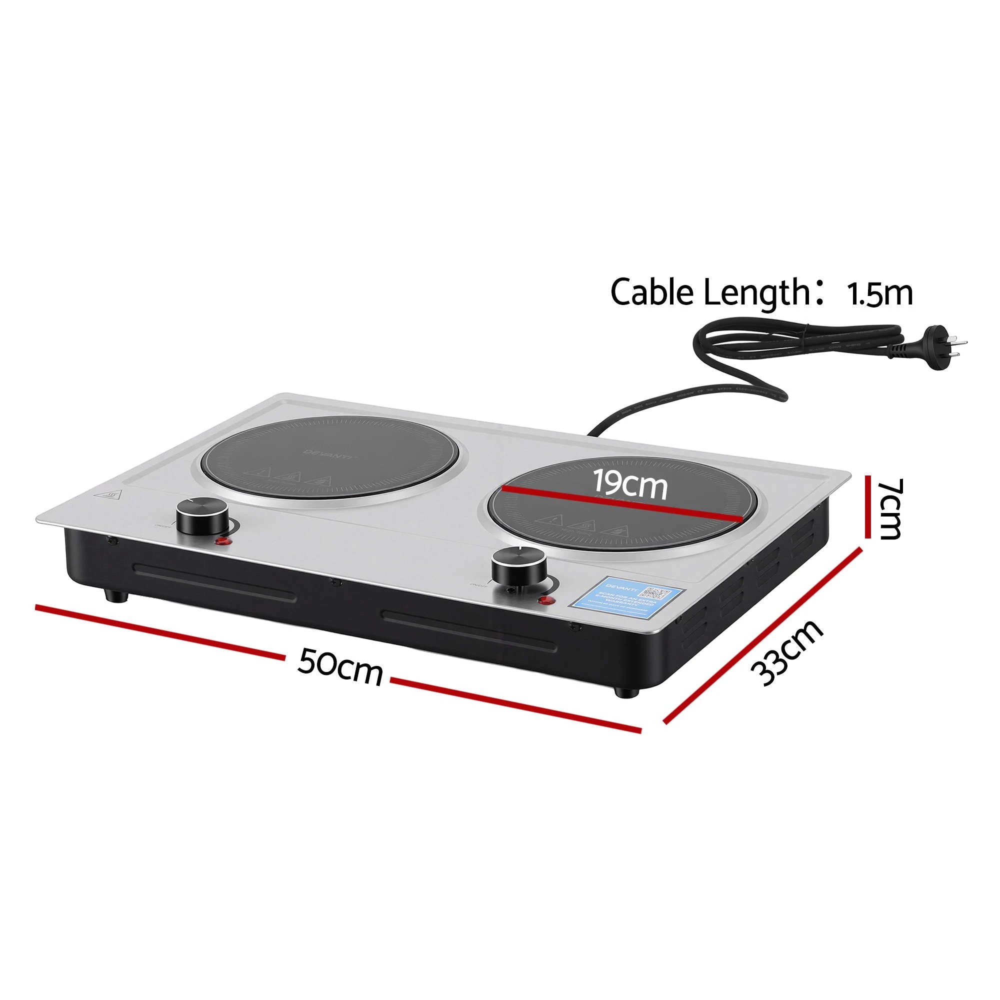 2 Devanti Electric Ceramic Cooktop 2400W Knob Control Hot Plate - Silver, 2 of 9