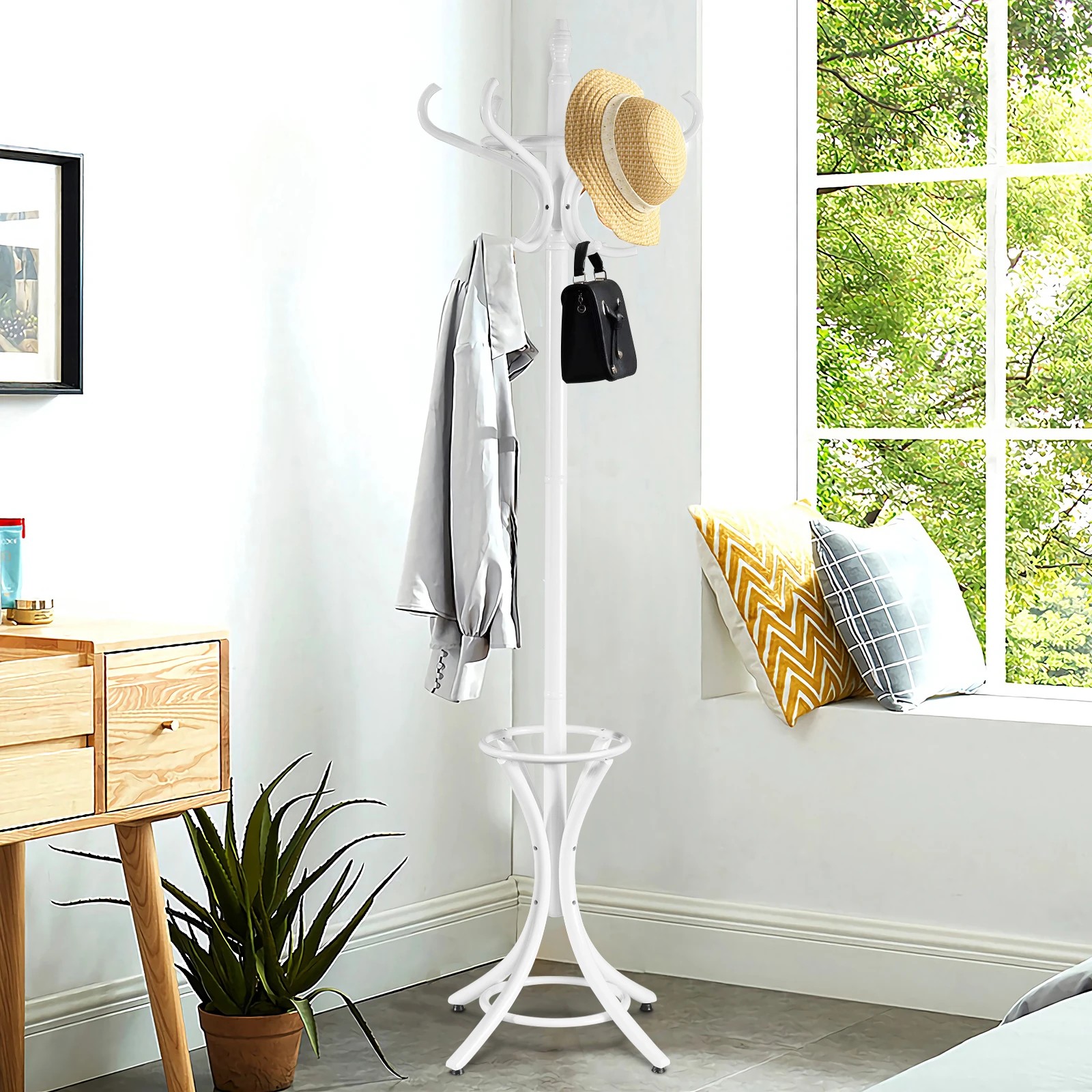 3 Costway 12 Hook Wood Coat Rack Clothes Hat Stand Bag Hanger - White, 3 of 3