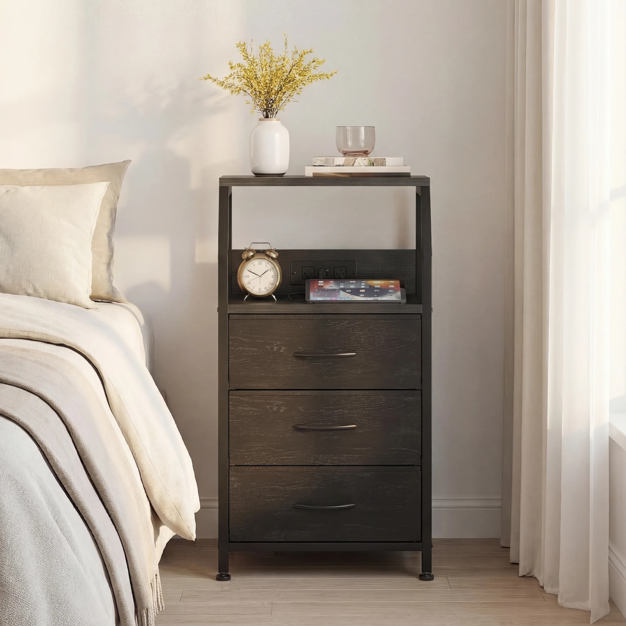 8 Advwin Bedside Table with Charging Station 3 Fabric Drawers Nightstand - Black, 8 of 10
