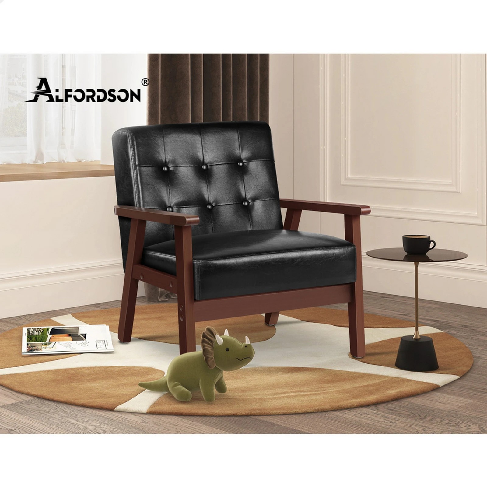 9 Alfordson Armchair Lounge Chair Tufted PU Leather Accent Chair Sofa Couch - Black, 9 of 9