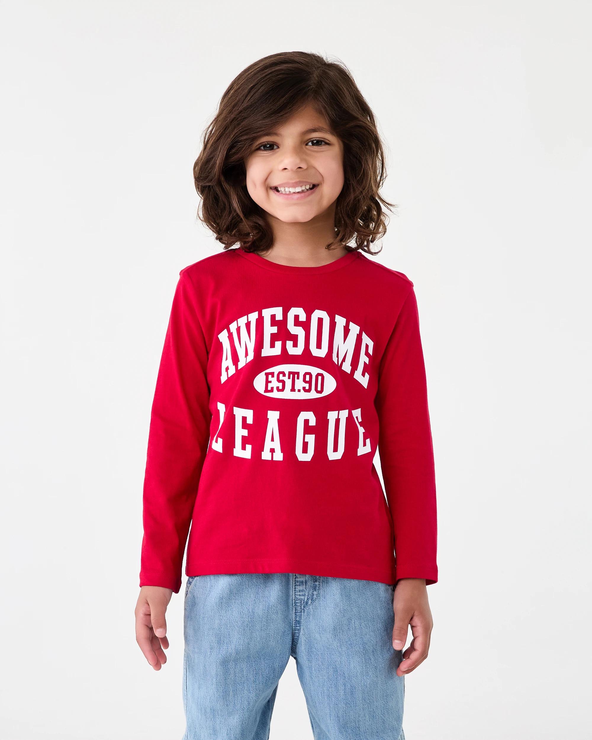 1 Long Sleeve Print T-shirt Red Varsit, 1 of 5