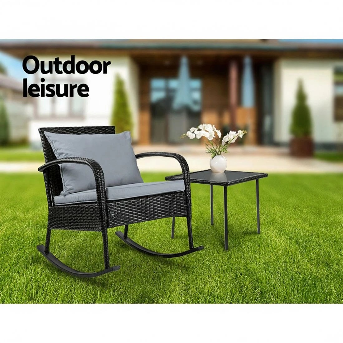 3 Gardeon 2PC Rocking Chair Table Wicker Outdoor Furniture Patio Lounge Setting - Black, 3 of 6