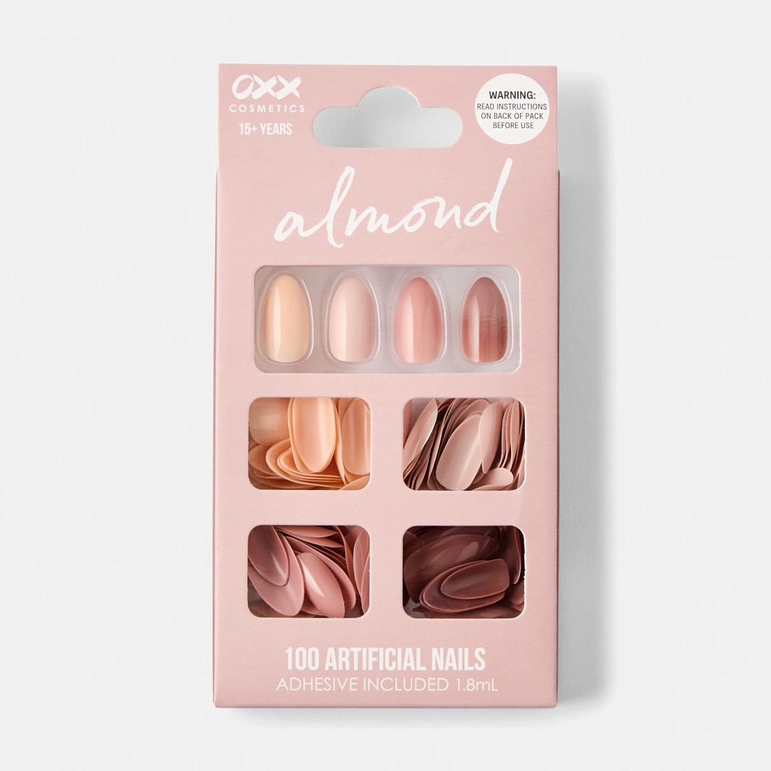 1 OXX Cosmetics 100 Pack Artificial Nails with Adhesive - Almond Shape, Nude, 1 of 5