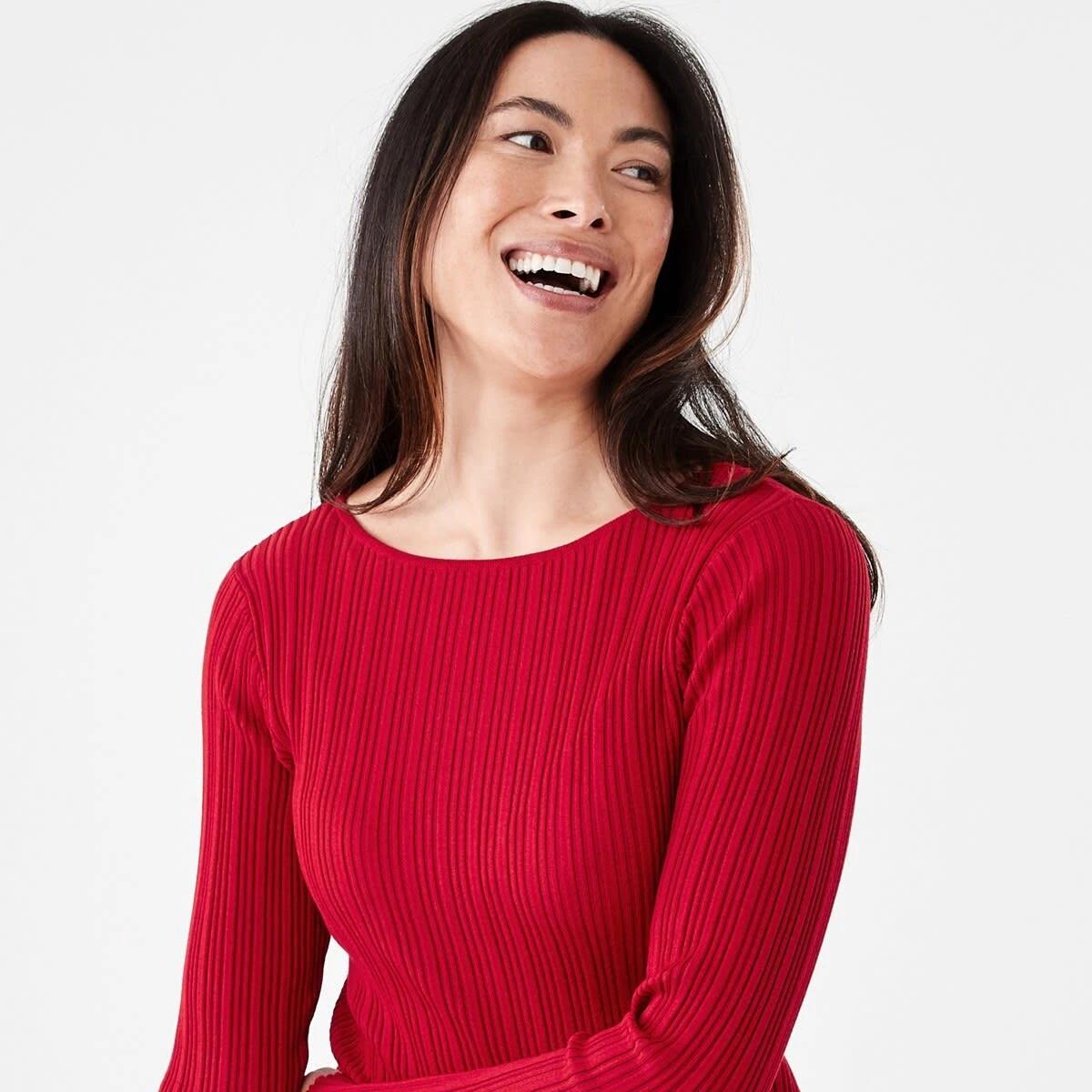 4 Long Sleeve Rib Boat Neck Top Cherry Red, 4 of 6
