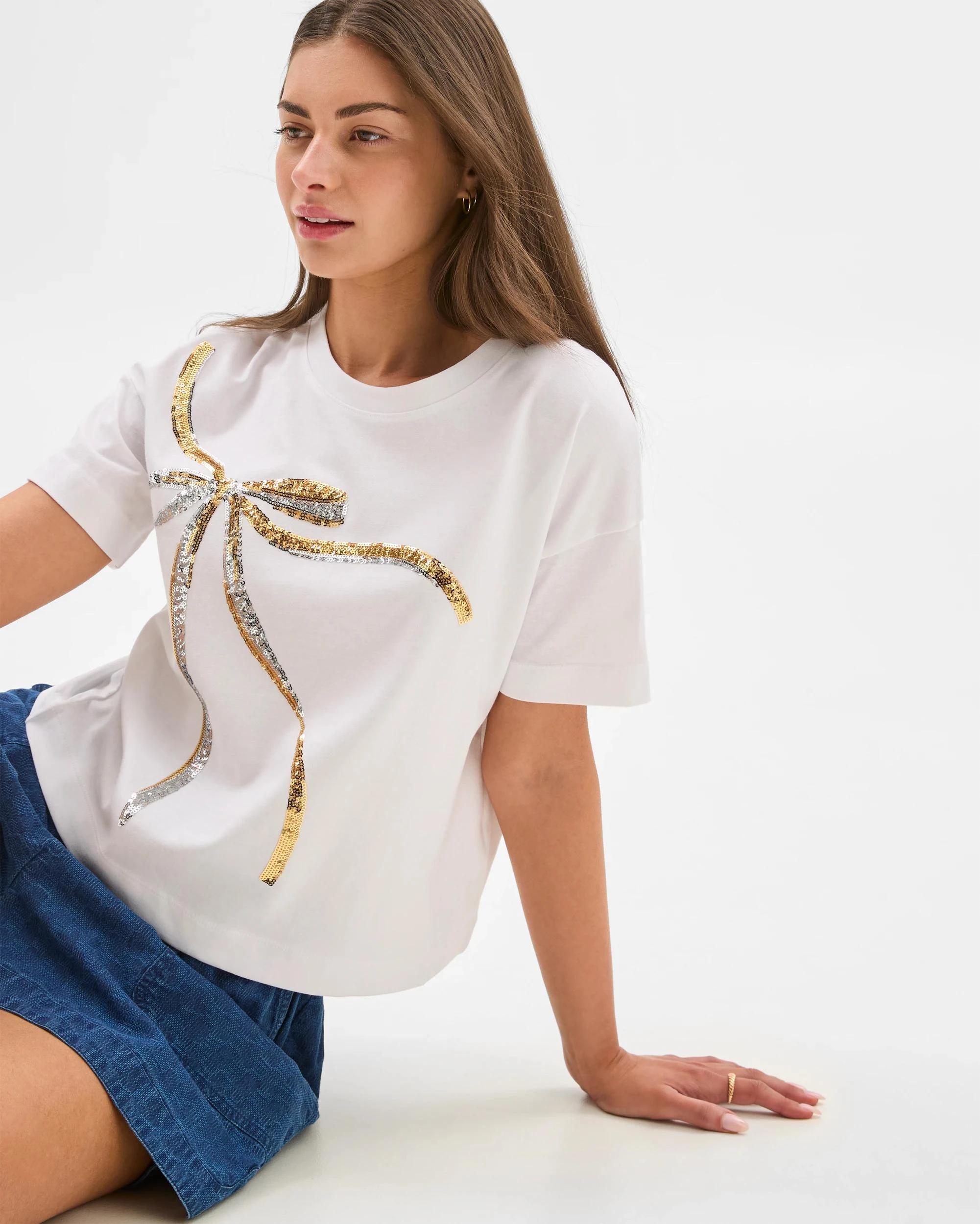 1 Target Petites Australian Cotton Boxy Cropped T-shirt WHITE/SEQUIN BOW, 1 of 6