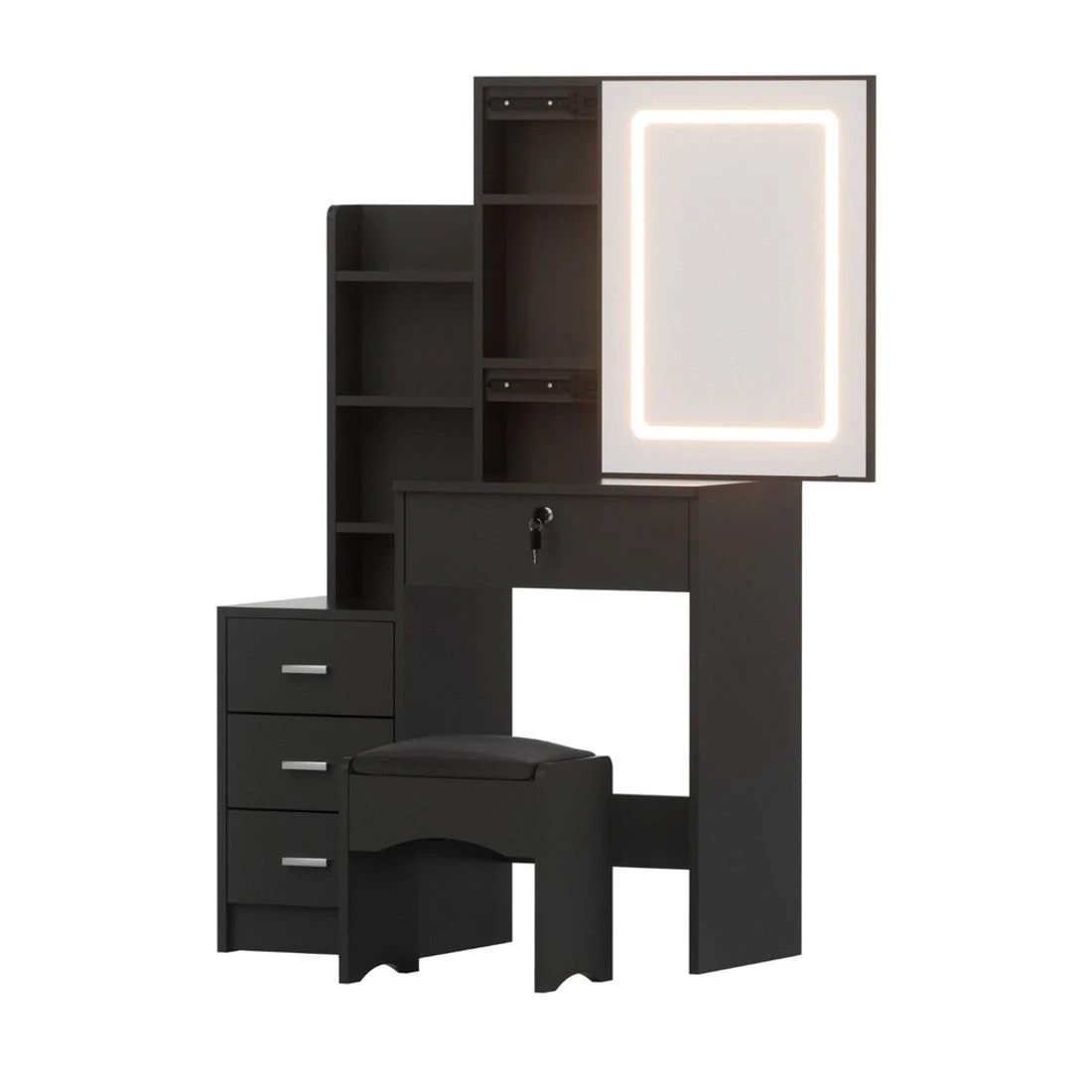 1 Artiss Dressing Table Vanity Desk Set Stool Led - Black, 1 of 8