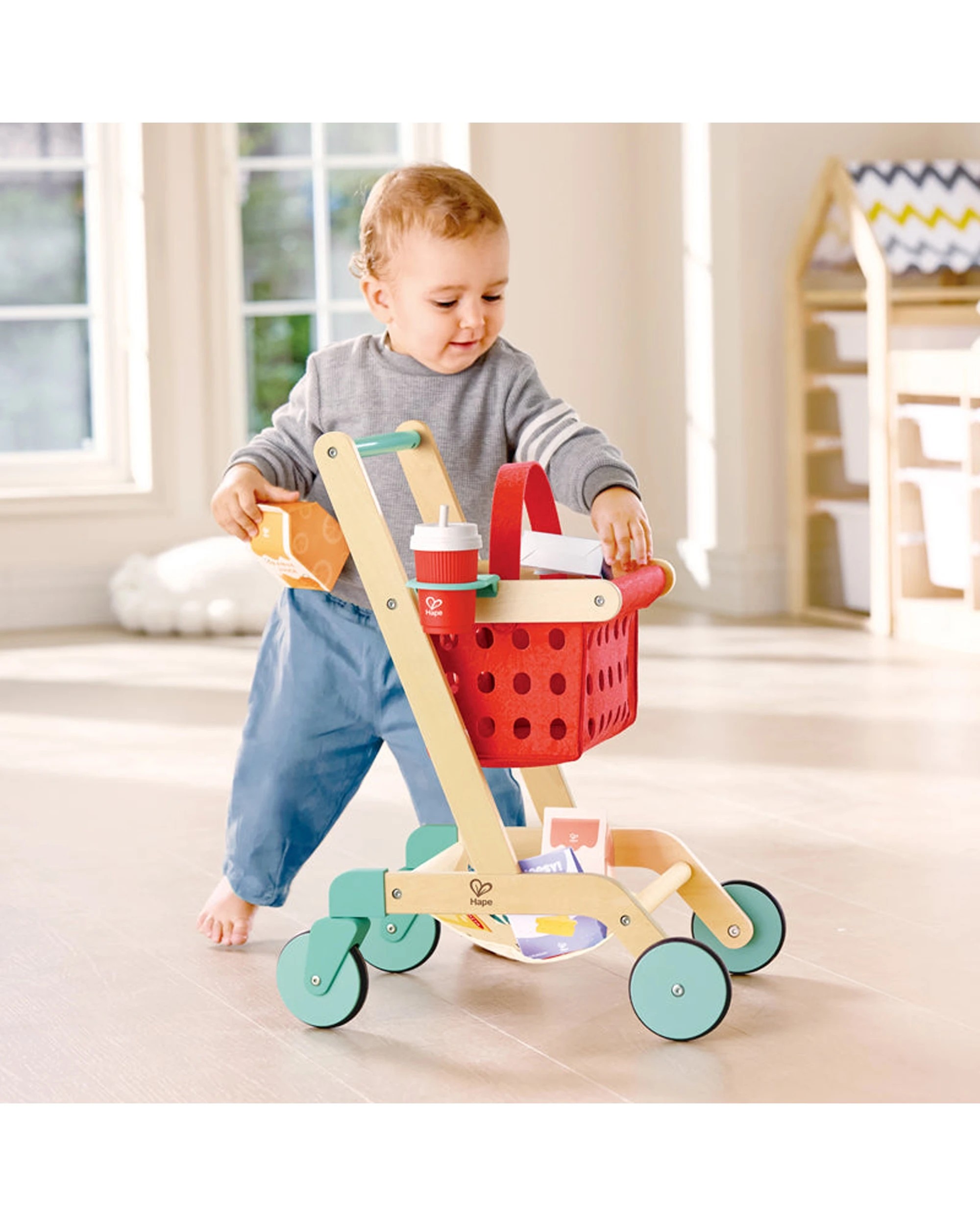 3 Hape Kids Shopping Cart Wooden Pretend Play Toy 360 Degree Wheels Removable Basket - Multi, 3 of 3