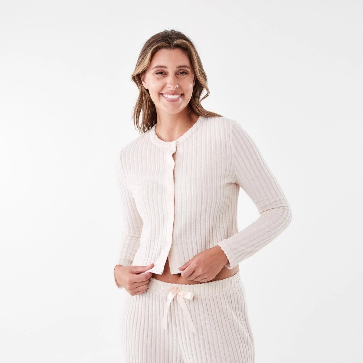 1 Brushed Ribbed Long Sleeve Lounge Top Beige Mrl, 1 of 5