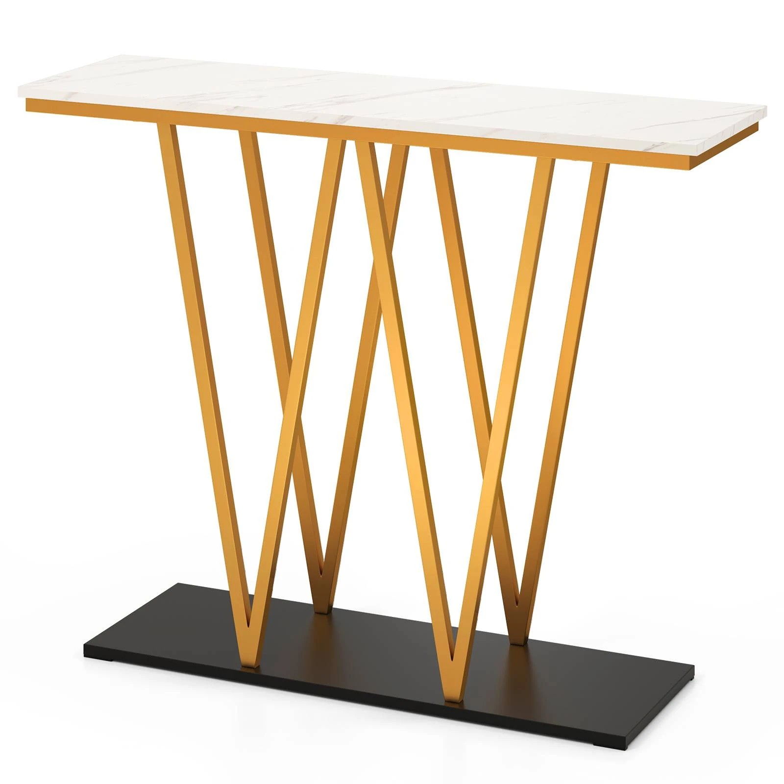 1 Costway Gold Entryway Table 100cm Modern Console Table w/Faux Marble Top, 1 of 4