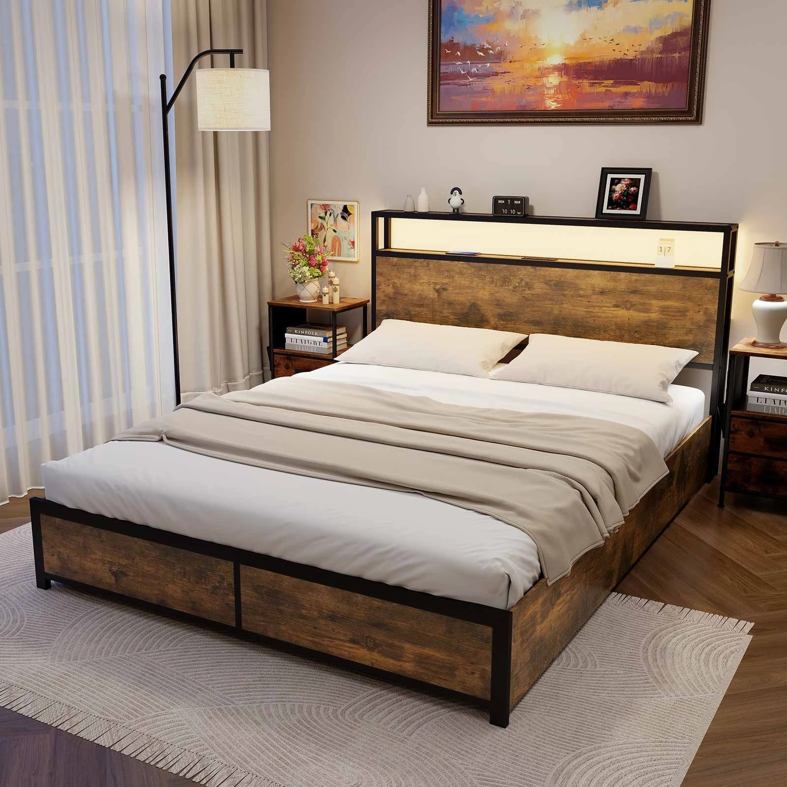 3 Costway Queen LED Metal Bed Frame Platform Bed w/Charging Station 4 Drawer Remote/App, 3 of 4