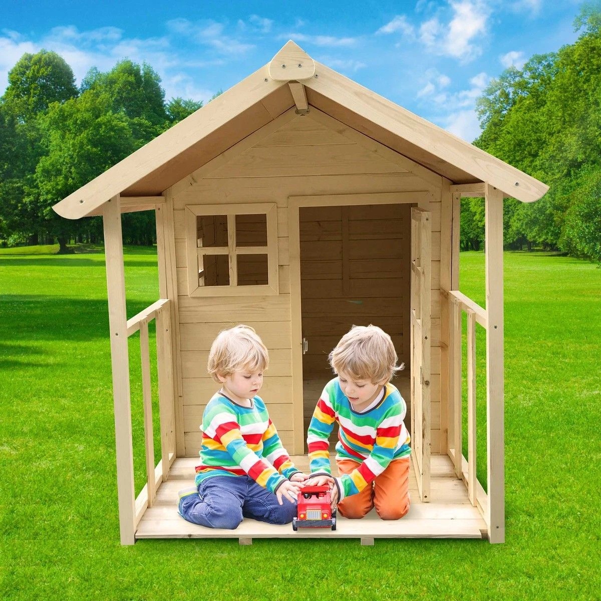 5 AUSWAY Wooden Cubby House for Kids Outdoor Playhouse, 5 of 9