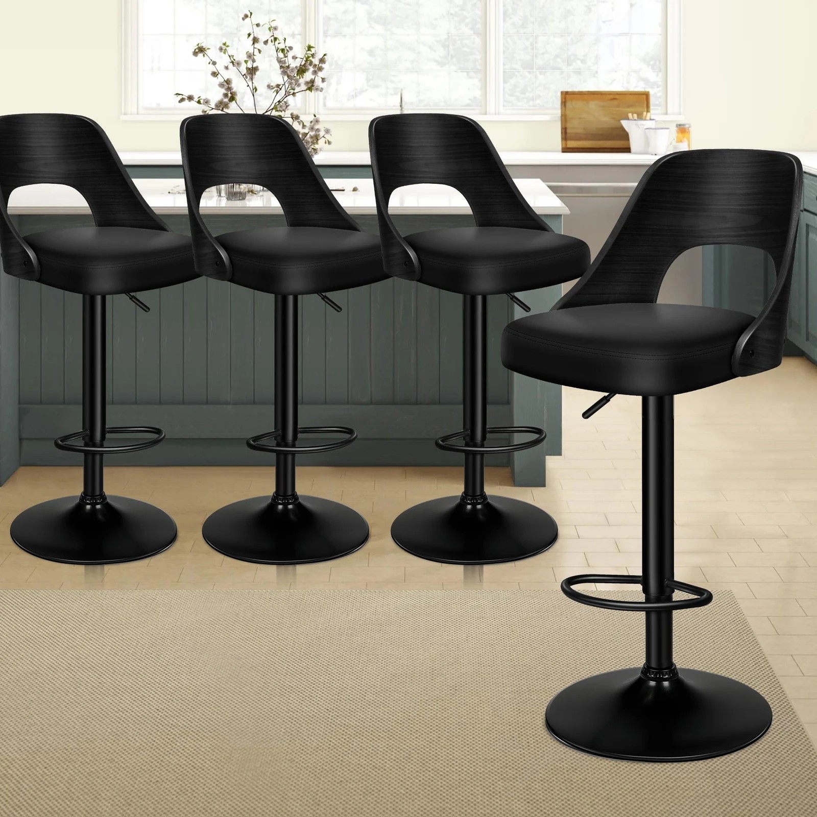 2 Alfordson 4x Bar Stools Kitchen Swivel Chair Wooden Leather Gas Lift - Black, 2 of 9