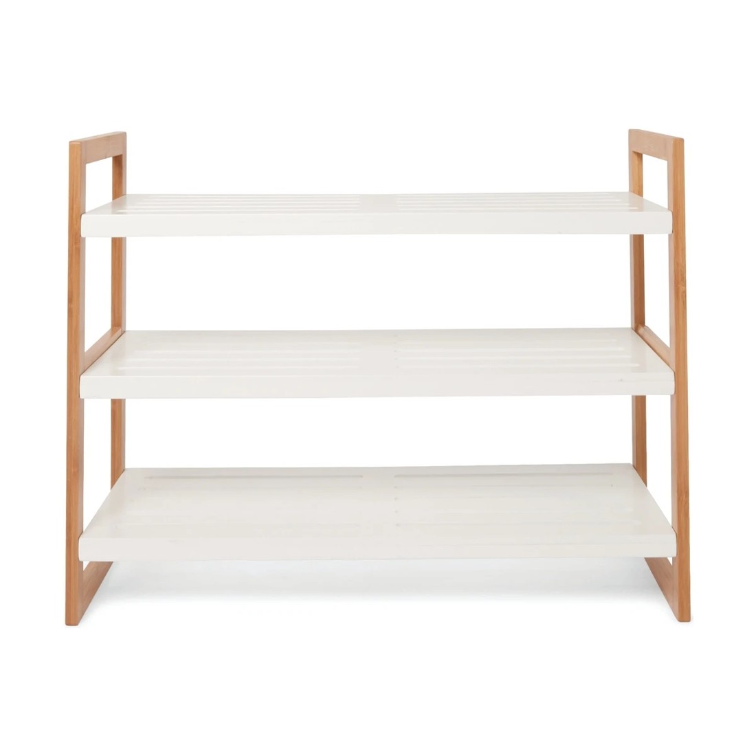 2 3 Tier Stackable Bamboo Shoe Rack with White Shelves, 2 of 5