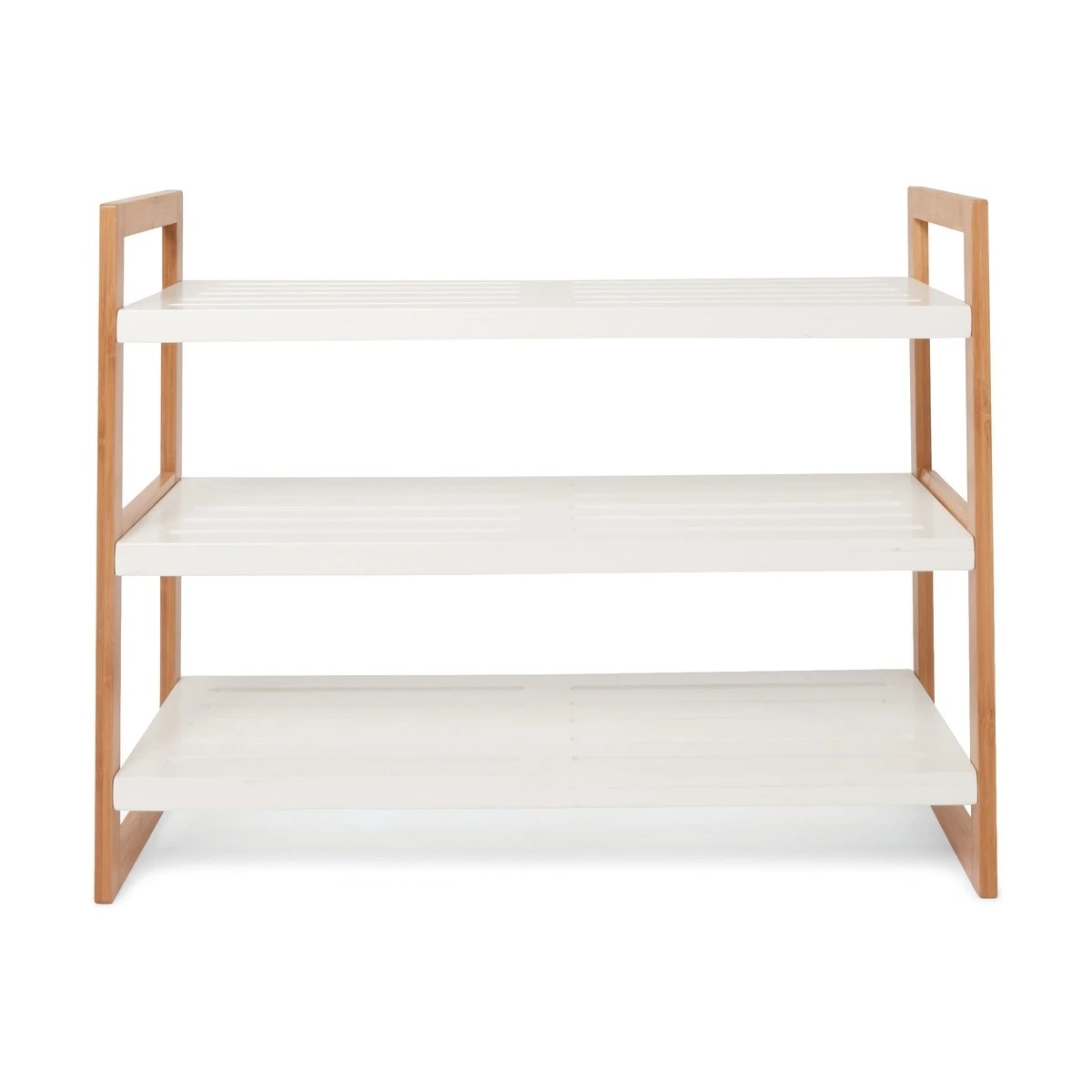 2 3 Tier Stackable Bamboo Shoe Rack with White Shelves, 2 of 5
