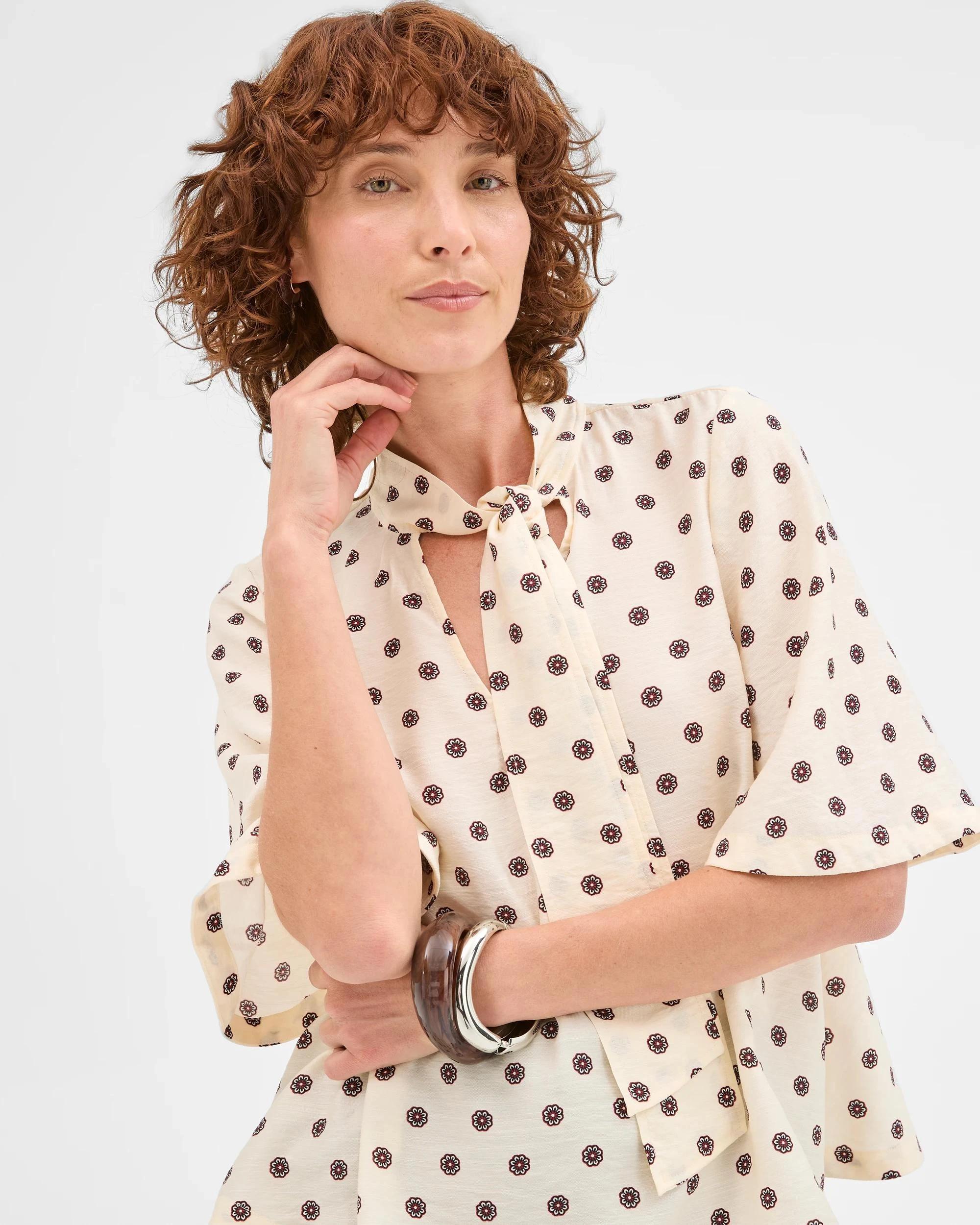 1 Preview Short Sleeve Tie Neck Blouse DITSY MOTIF, 1 of 6