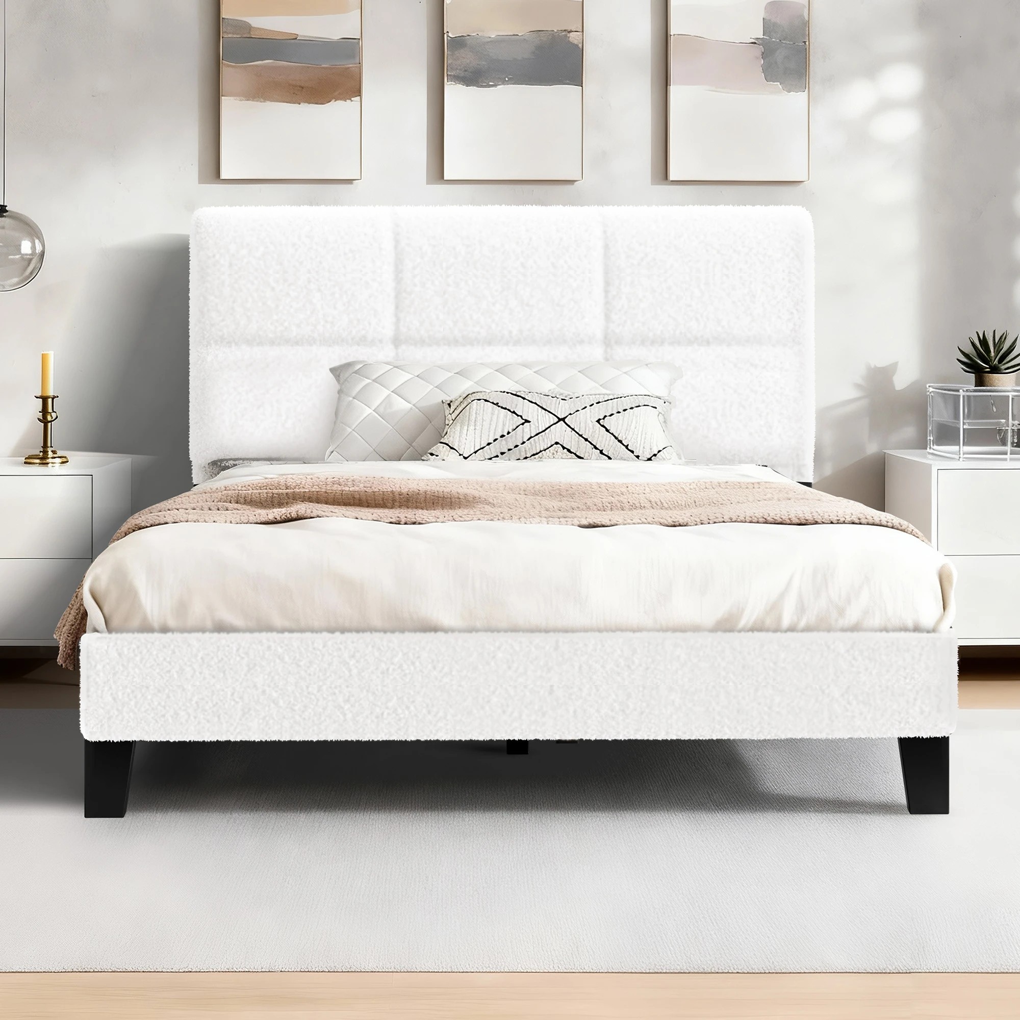 3 Alfordson Bed Frame Single Size Tufted Headboard Boucle - White, 3 of 9