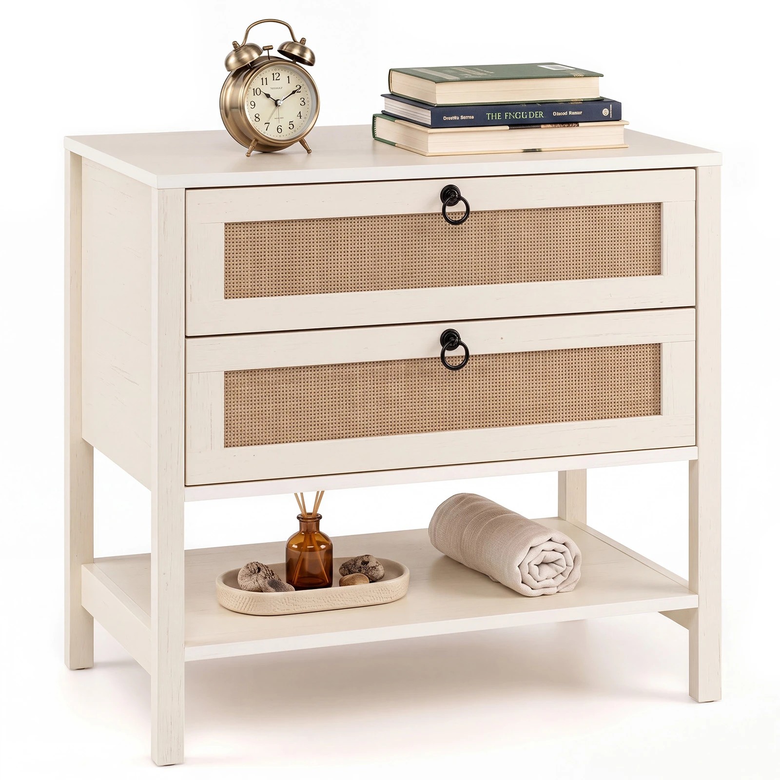 6 Costway Boho Sofa Side Table Rattan Nightstand Bedside Table - White, 6 of 6