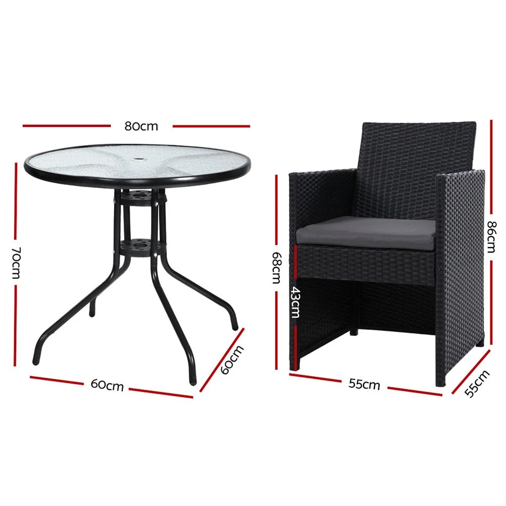 2 Gardeon 3PC Bistro Set Outdoor Furniture Rattan Table Chairs Cushion Patio - Black, 2 of 6