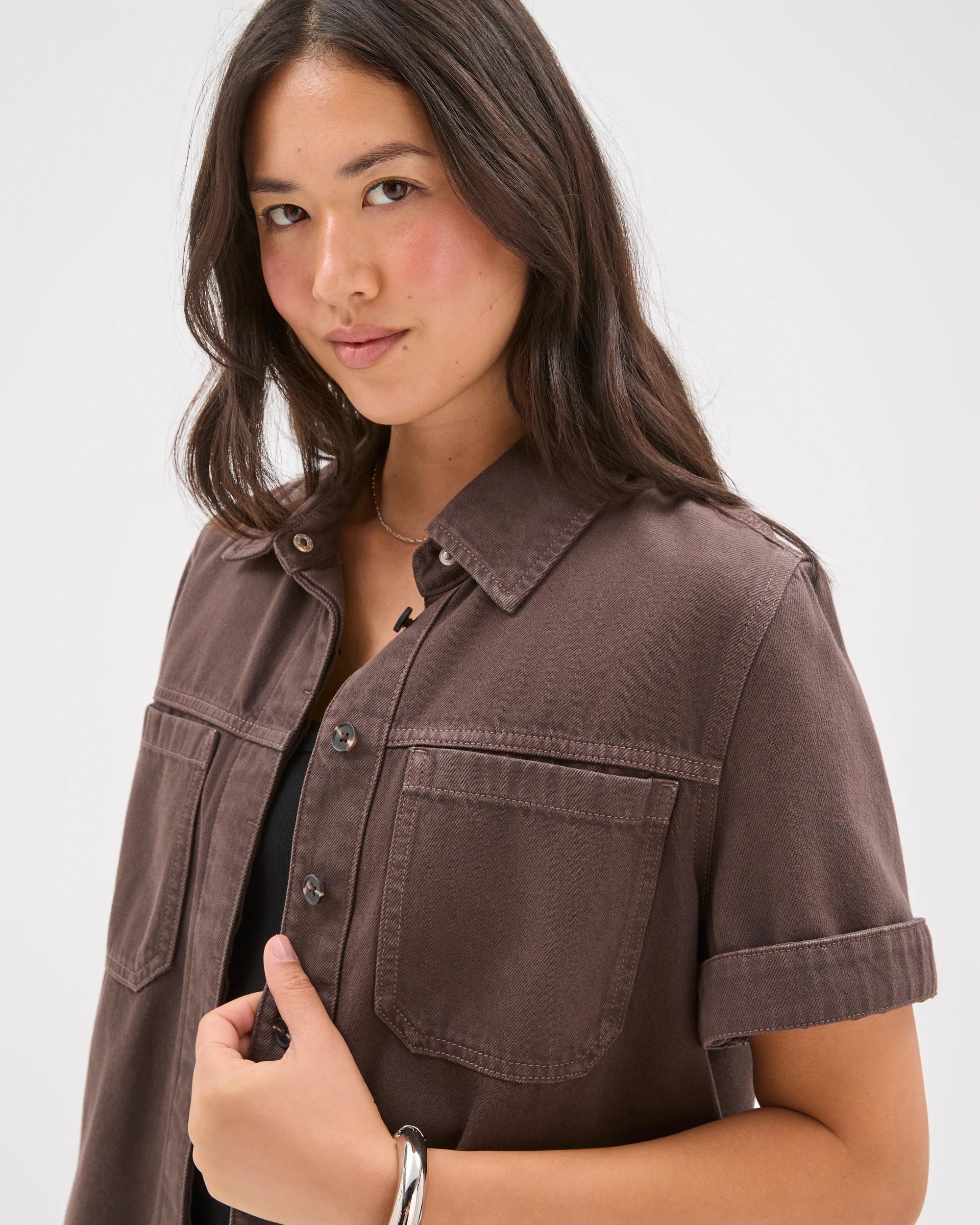 7 Target Denim Short Sleeve Concealed Placket Denim Shirt COFFEE BEAN, 7 of 8