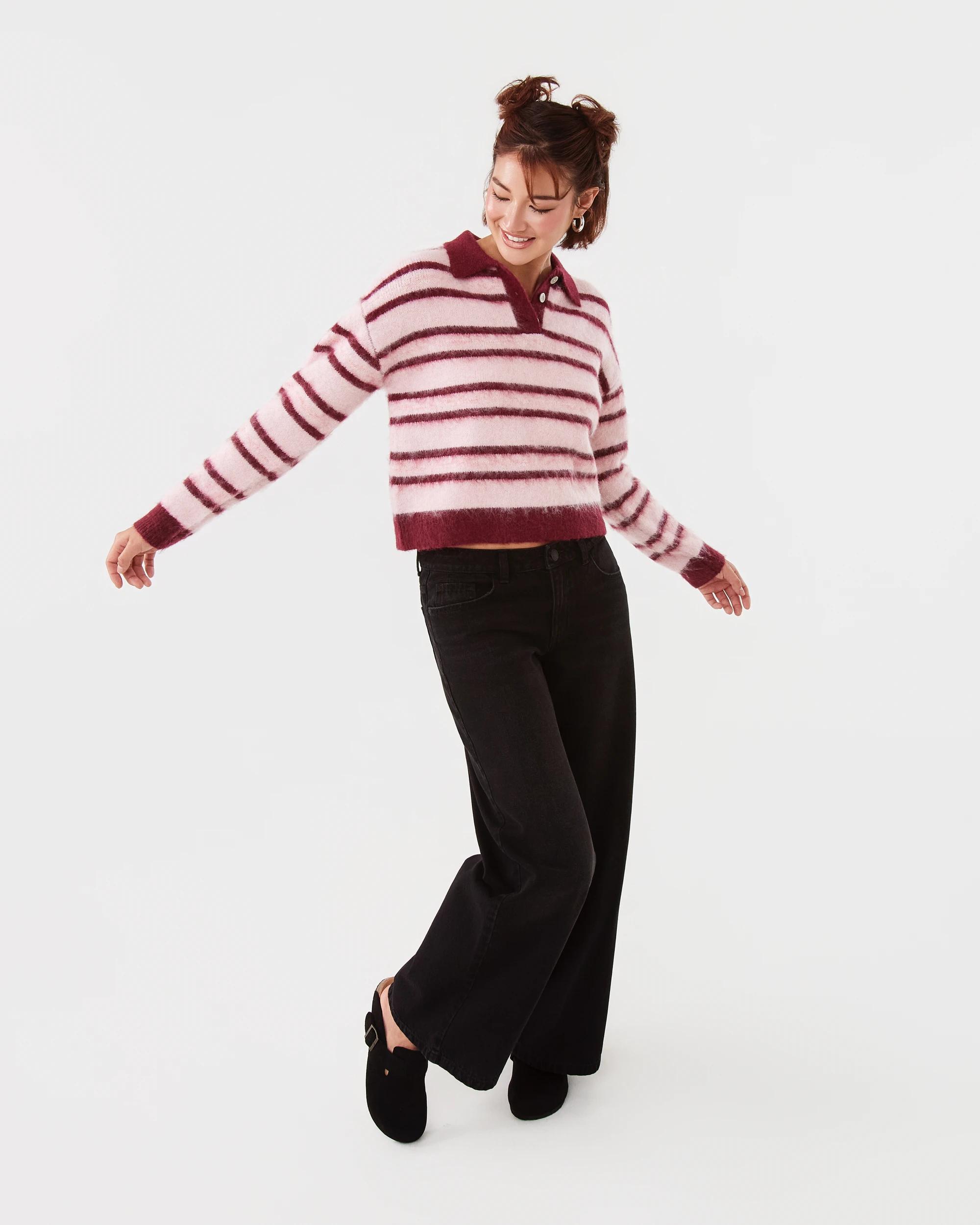 2 Long Sleeve Fluffy Polo Jumper Pnk Stripe, 2 of 8