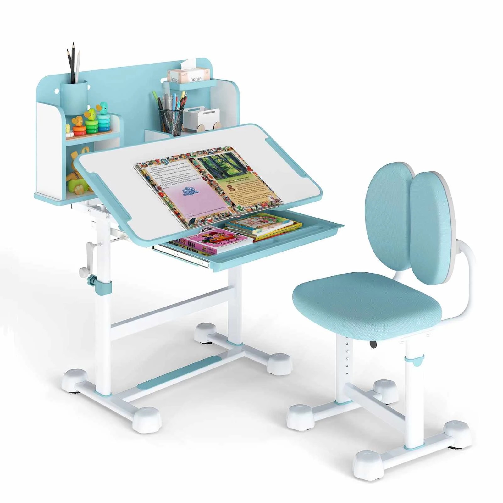 1 Costway Tilt Study Desk & Chair Set Adjustable Writing Table Chair - Blue, 1 of 3