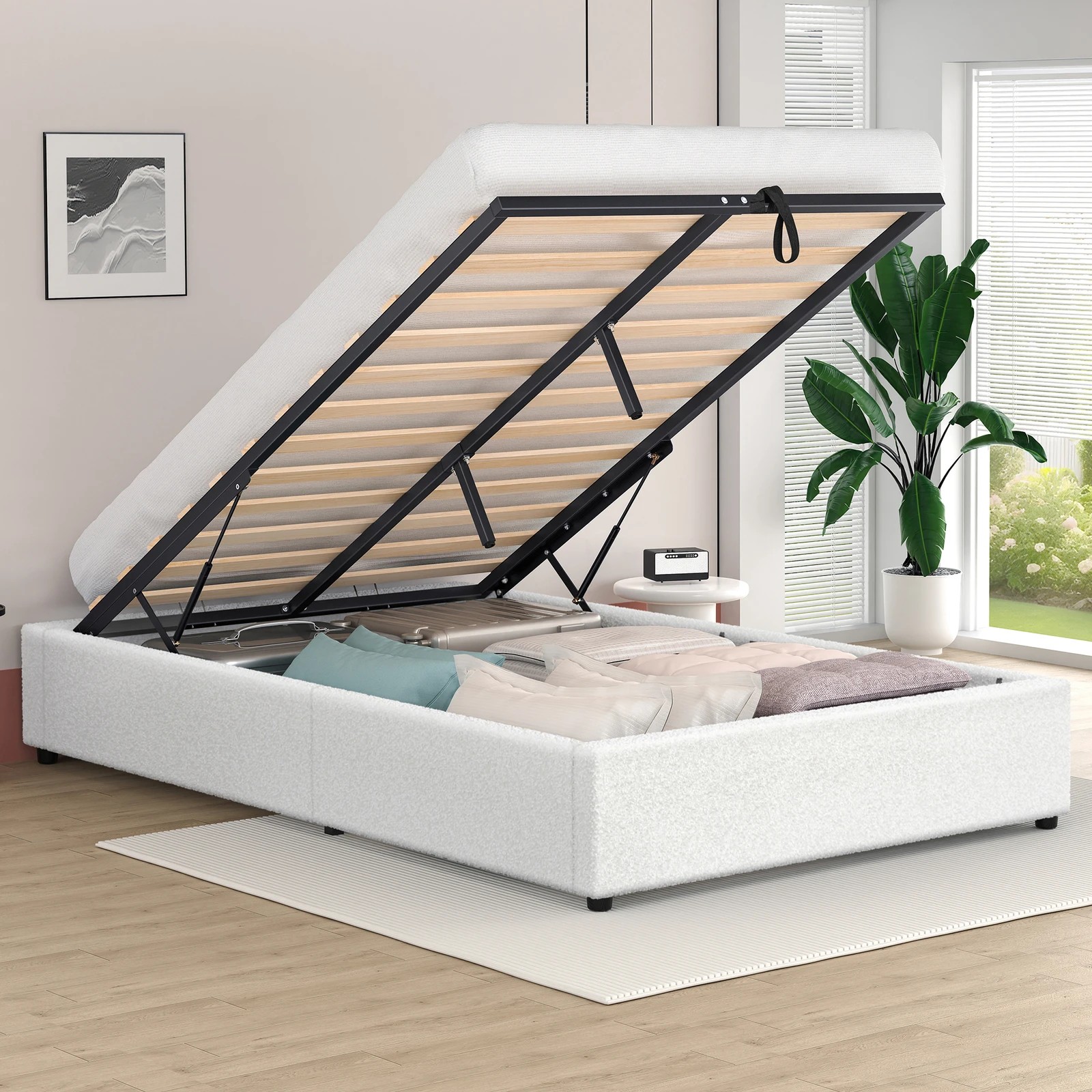 2 Alfordson Bed Frame King Single Gas Lift Storage Mattress Base Boucle Wilbur - White, 2 of 10