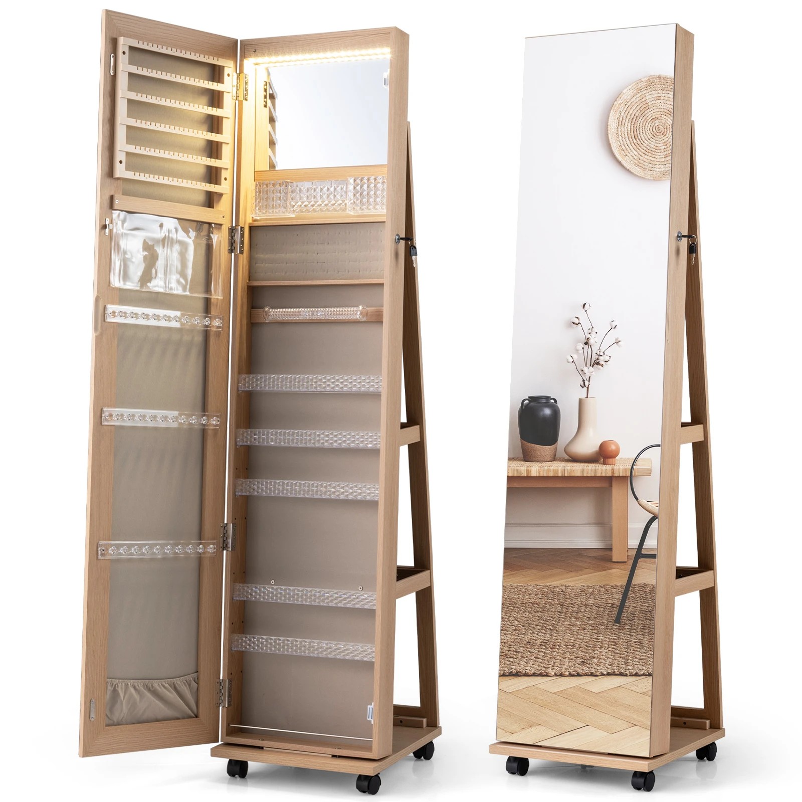 1 Costway 1.63M Mobile LED Jewellery Cabinet Makeup Mirror Storage Organizer w/Adjustable Shelves - Natural, 1 of 4