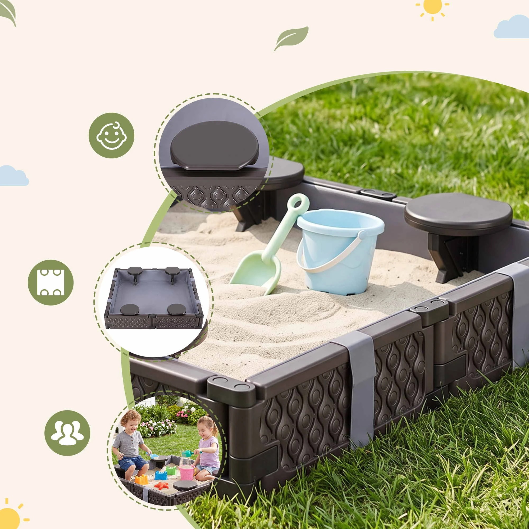 5 Keezi Kids Square Sandpit with Cover and 4 Seats - Brown, 5 of 8