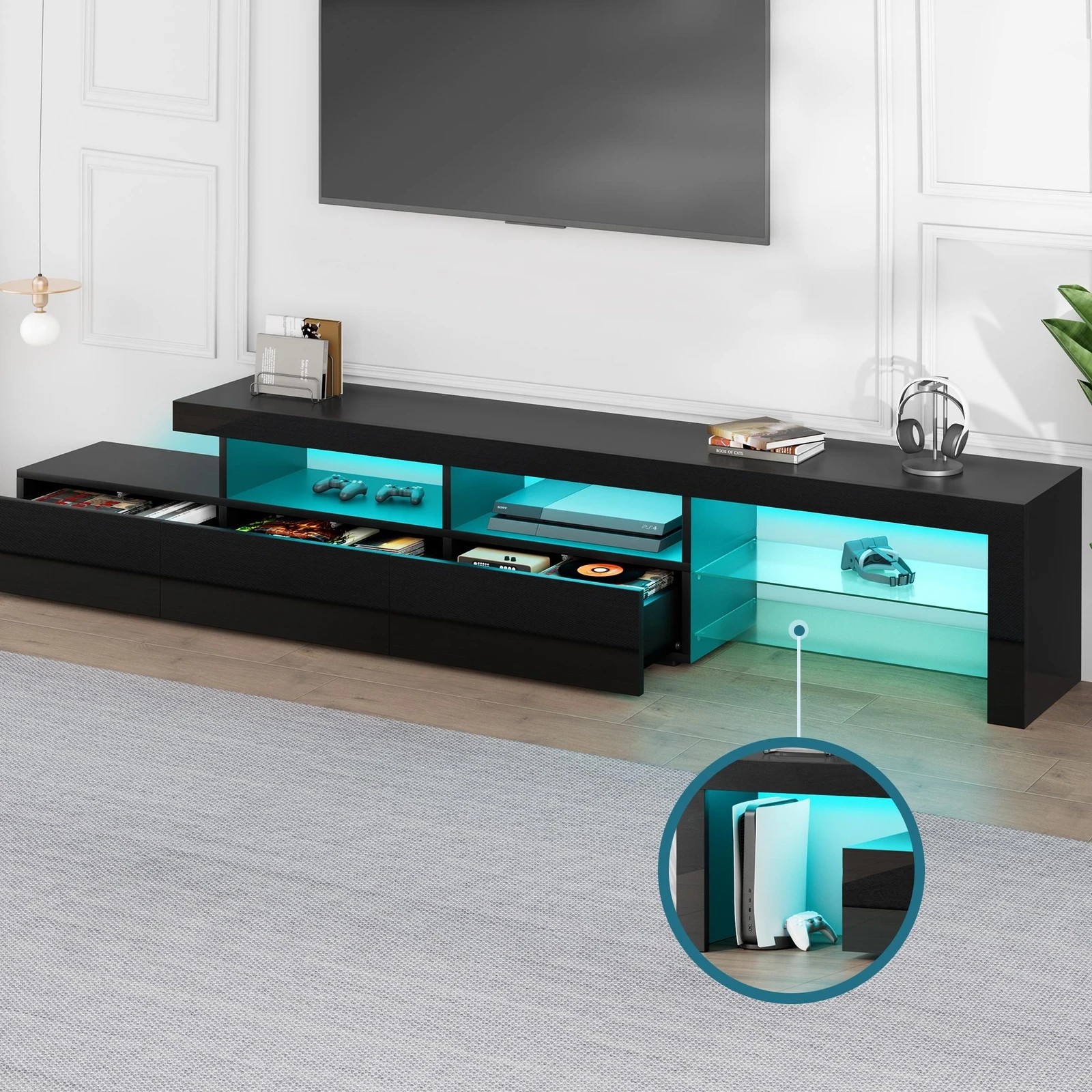 7 Alfordson Entertainment Unit 220cm TV Stand LED Light Storage Gloss - Black, 7 of 10