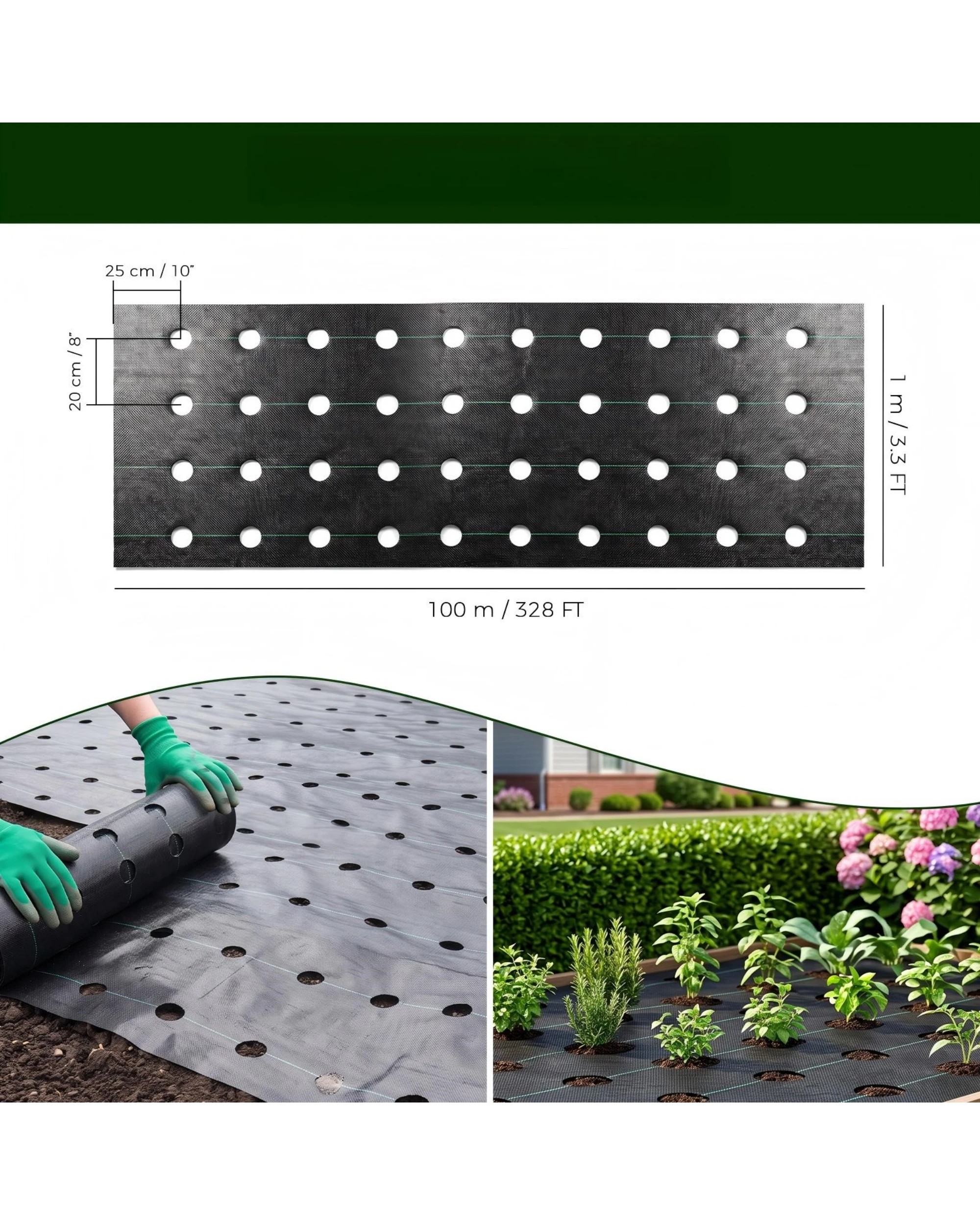 2 Advwin Weed Mat with Holes, 1x100m Weed Control Mat Barrier Matting Ground Cover Membrane with Nails - Black, 2 of 9