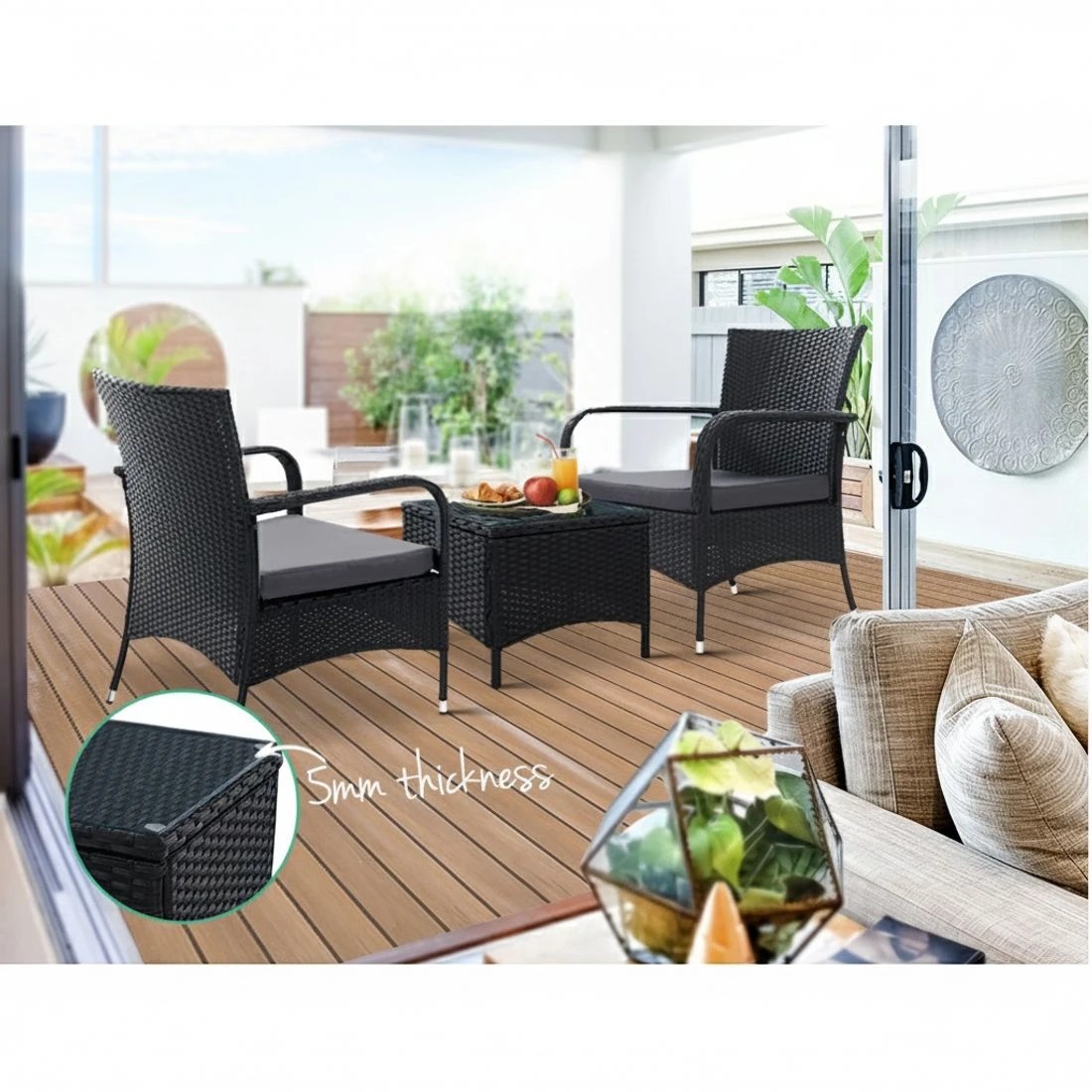 5 Gardeon 3PC Outdoor Bistro Set Patio Furniture Wicker Setting Chairs Table Luca - Black, 5 of 6