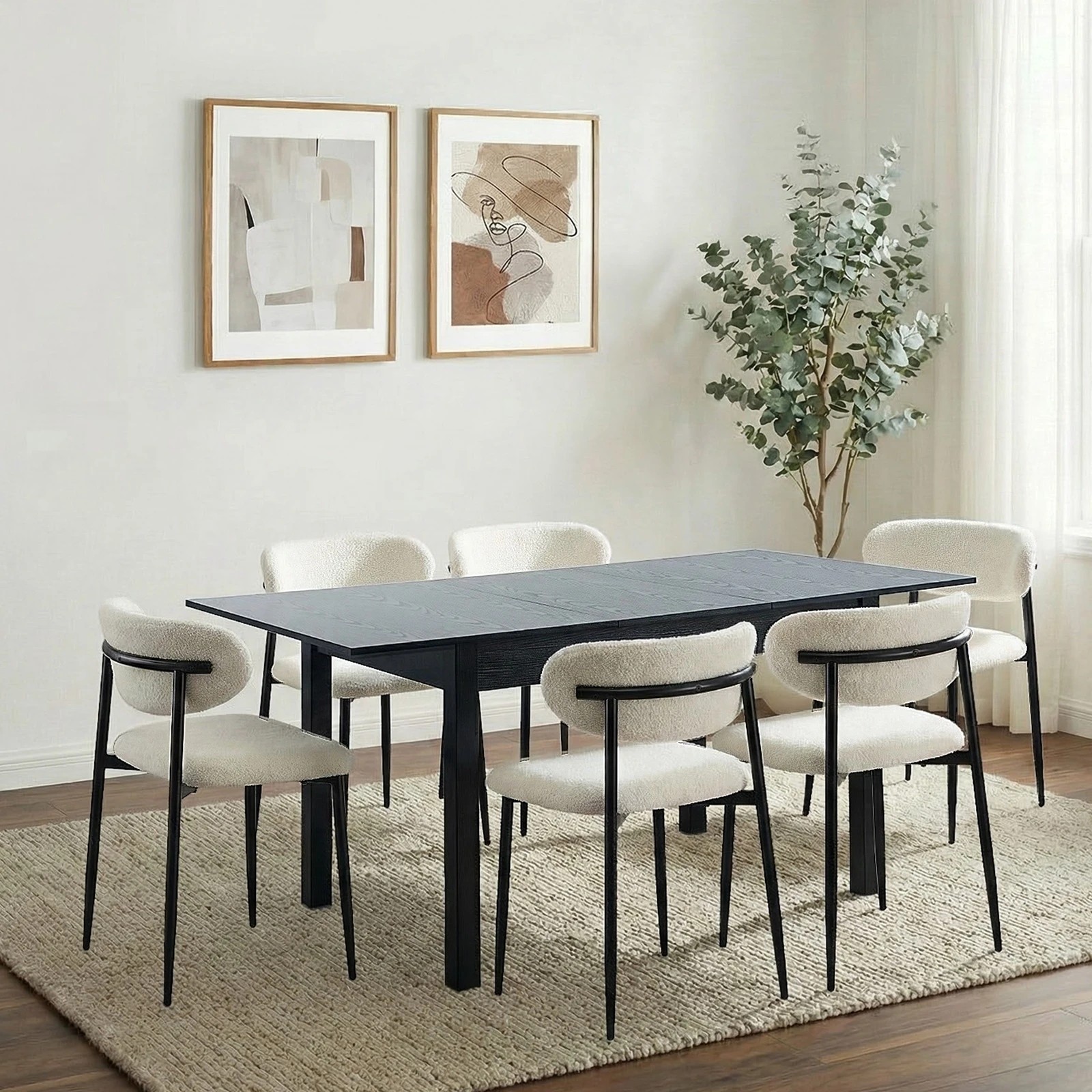 3 Oikiture 7pc Extenable Dining Table and Chairs Wooden Dining Set Boucle - Black, 3 of 10