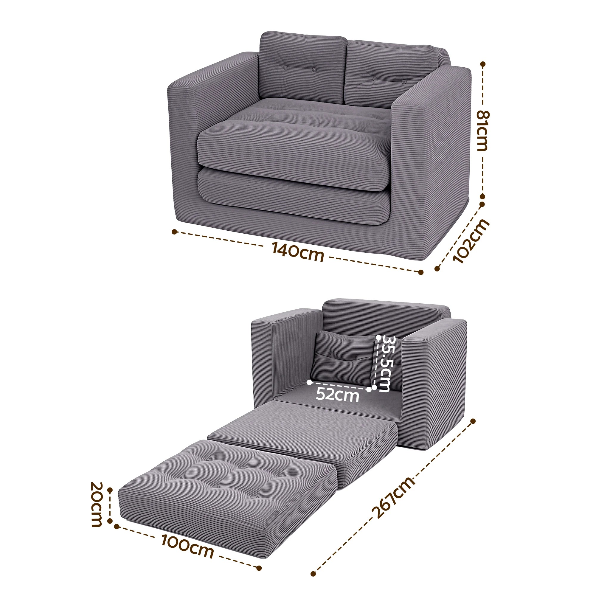 2 Artiss 2 Seater Corduroy Convertible Sofa Bed Pull Out Boneless Couch - Grey, 2 of 9
