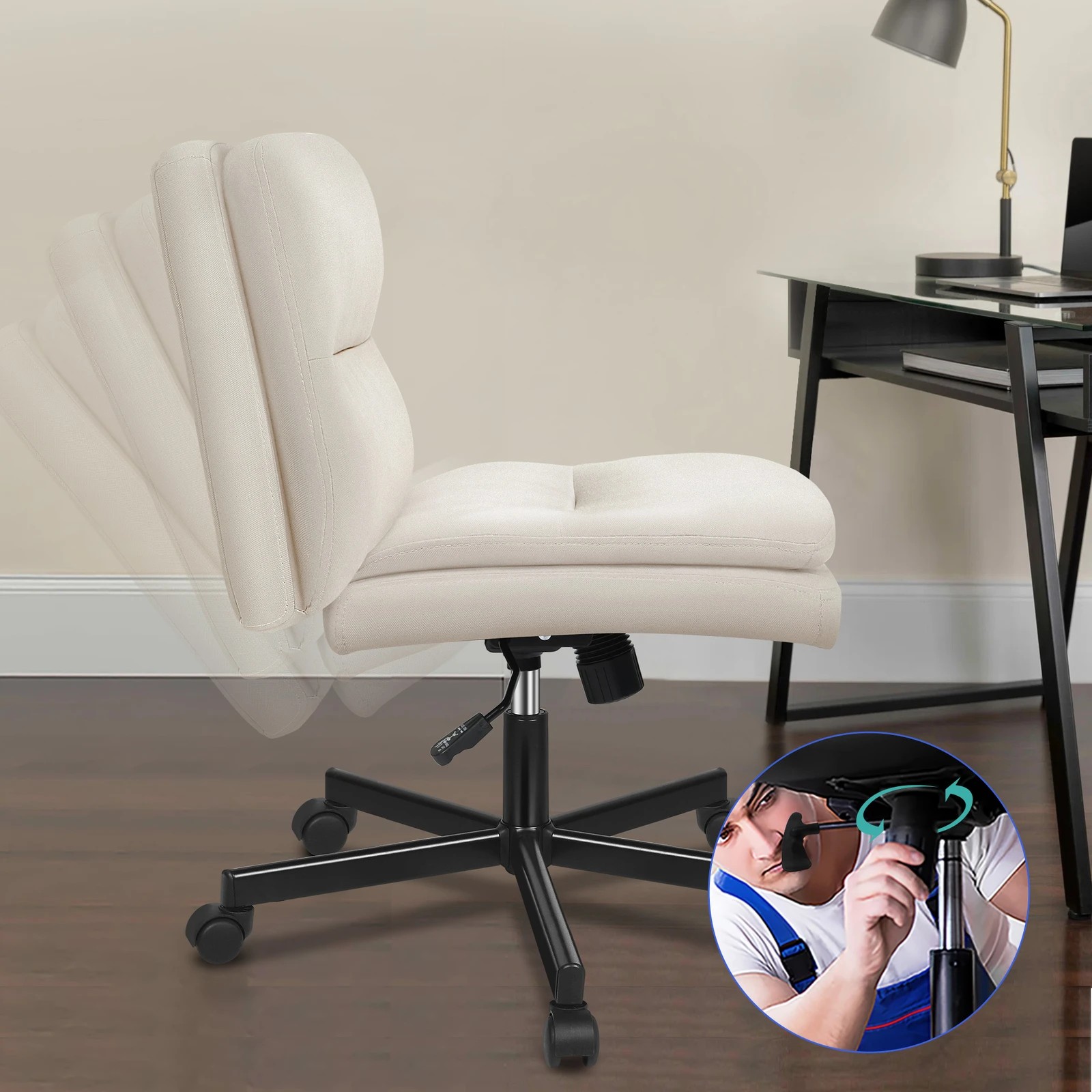 3 Alfordson Desk Chair Office Computer Armless Wide Seat Mid Back Fabric - Beige, 3 of 7