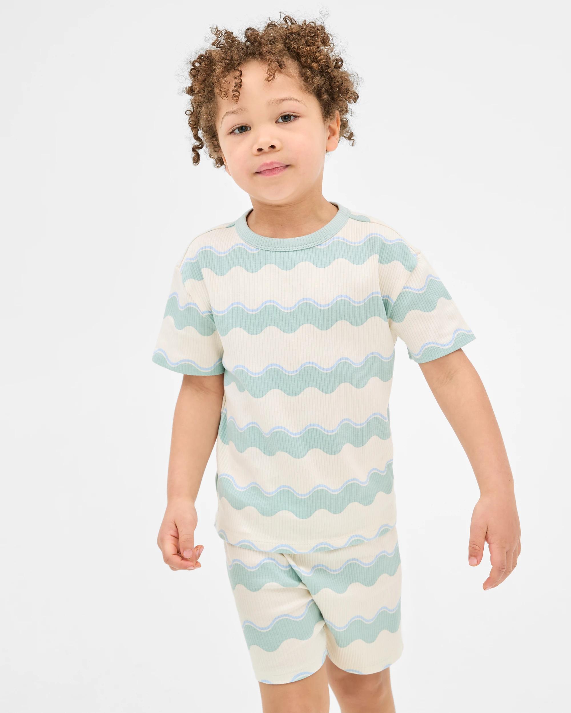 1 Target Kids Australian Cotton-blend Rib Short Pyjama Set — Navy Monster Truck GREEN/BLUE/NEUTRAL WAVY STRIPE, 1 of 6