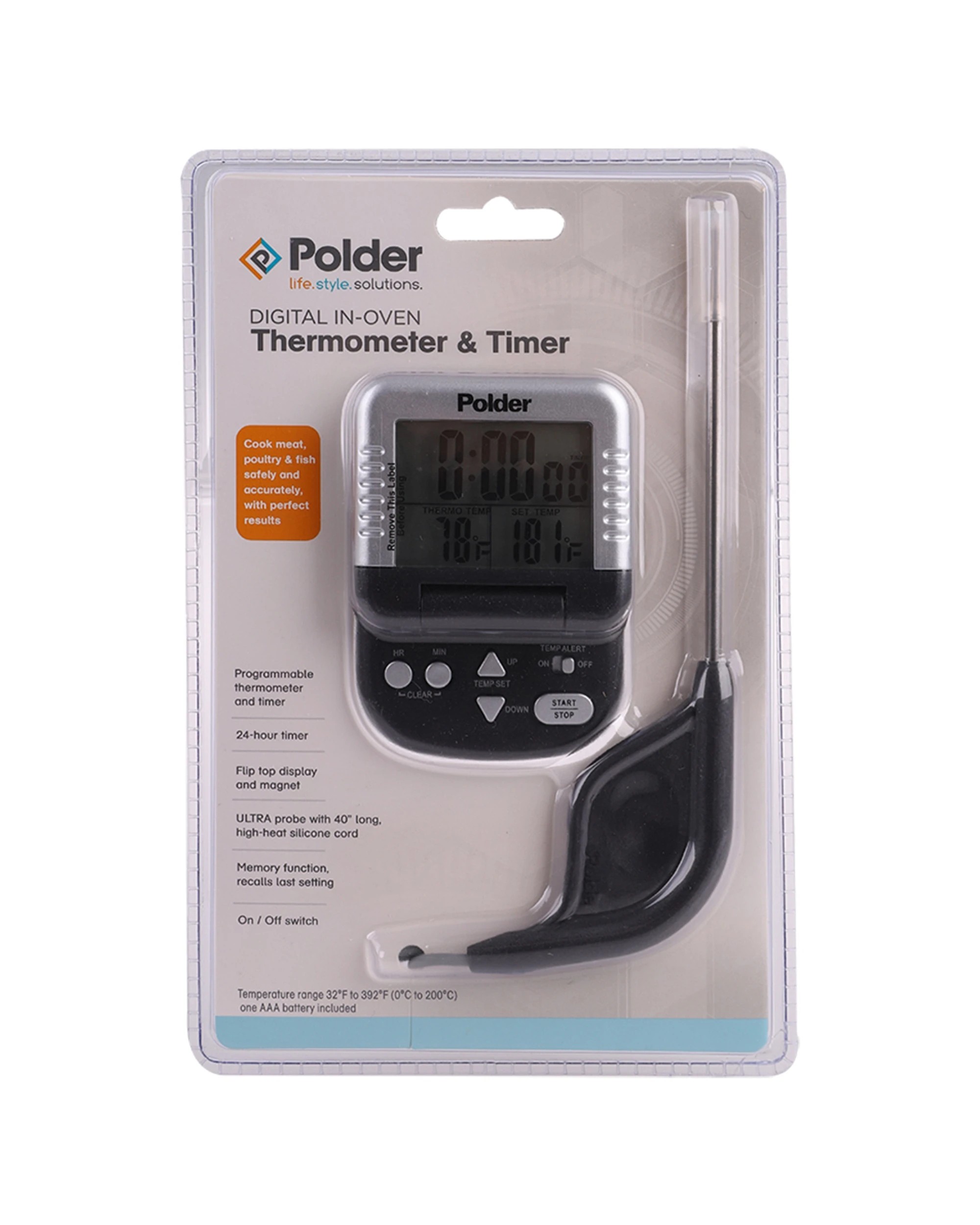 2 Polder Programmable Digital In Oven Thermometer And Timer For Meat Probe - Black, 2 of 3