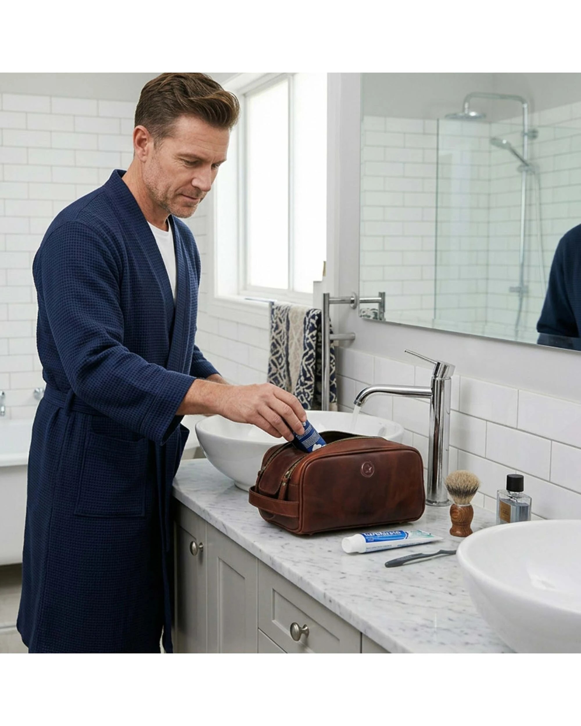 4 Aaron Leather Toiletry Bag for Men Leather Unisex Make-up Bag Travel Dopp Kit - Brown, 4 of 5