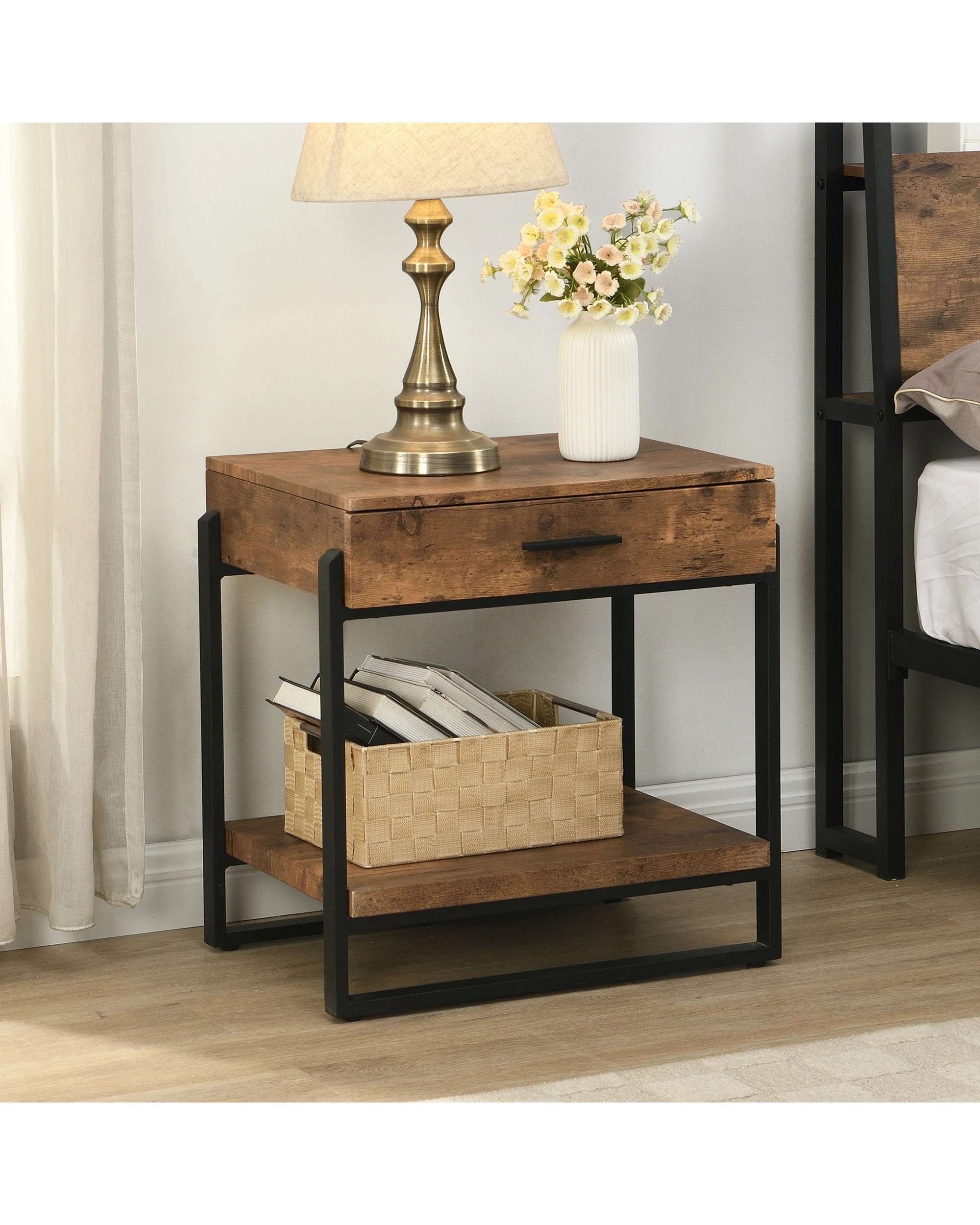 2 IHOMDEC Industrial Nightstand Side Table with Drawer and 2 Shelves, 2 of 5