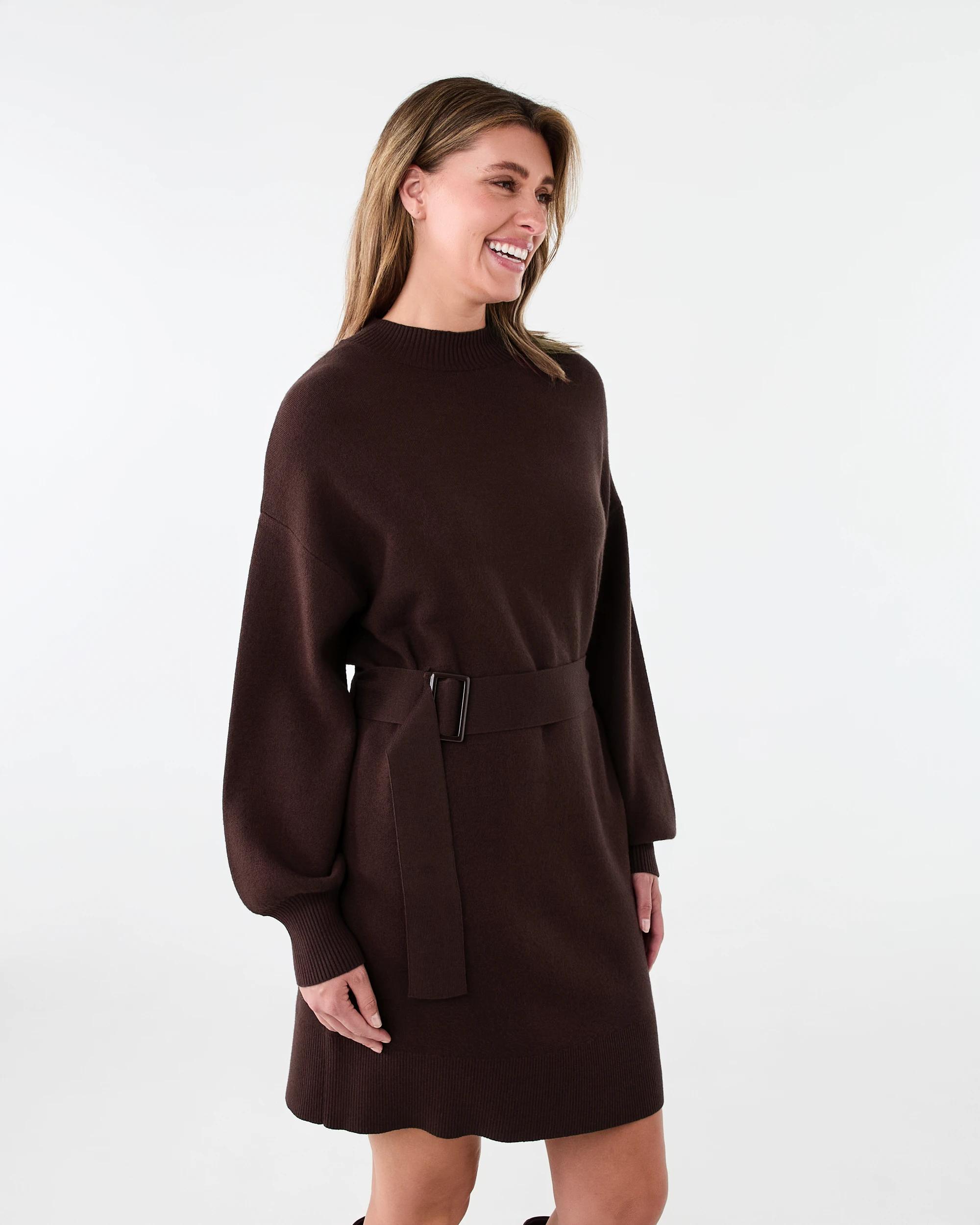 2 Long Sleeve True Knit Belted Mini Dress Melt Brown, 2 of 7